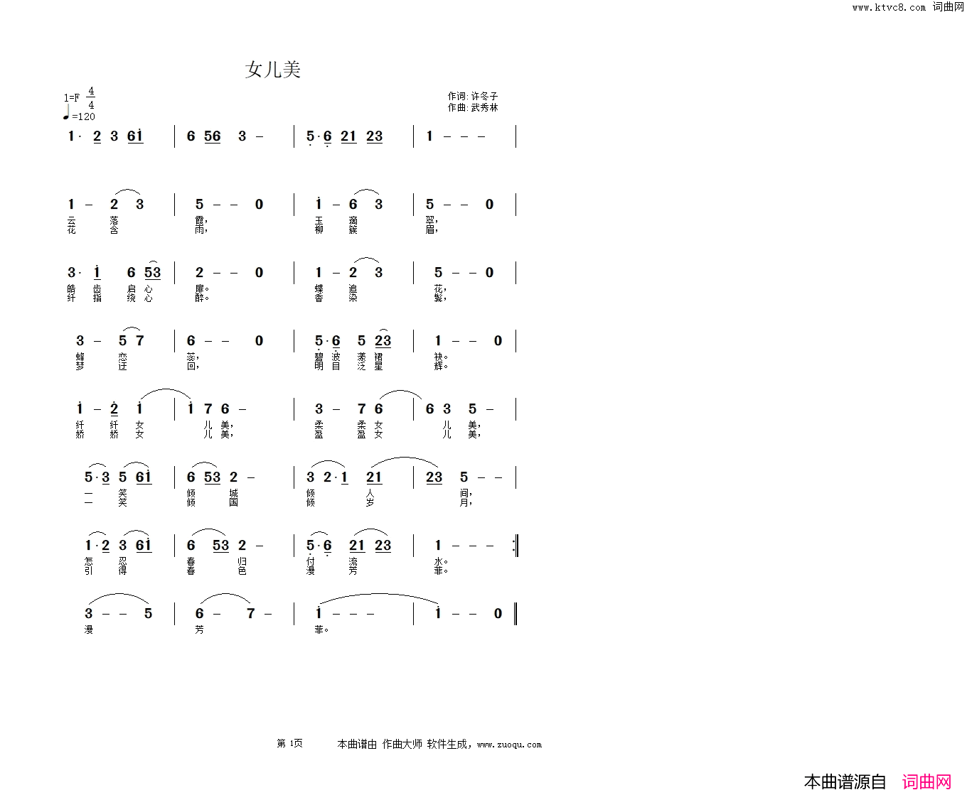 歌曲【女儿美】简谱1