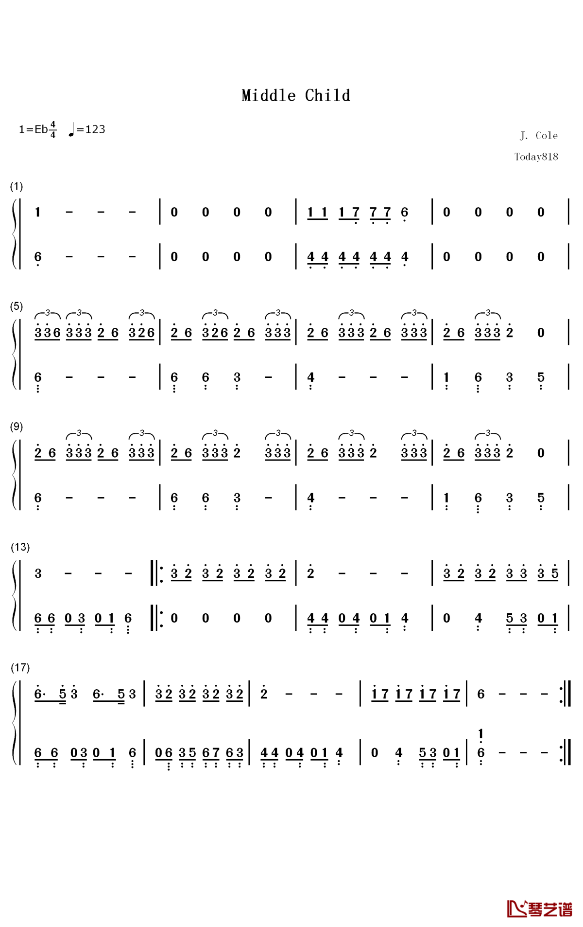 Middle Child钢琴简谱-J. Cole歌曲-数字双手曲谱1