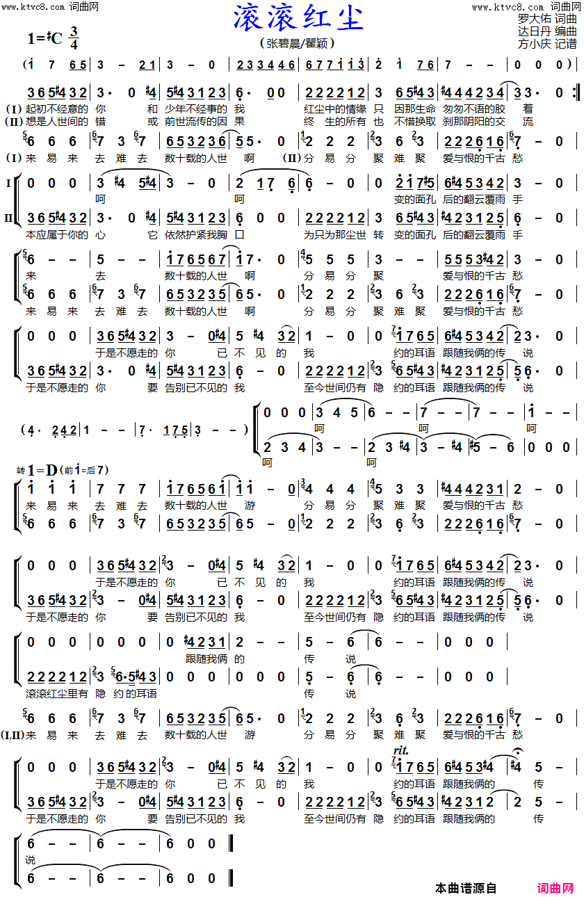 滚滚红尘女声二重唱简谱-张碧晨、瞿颖演唱-罗大佑/罗大佑词曲1