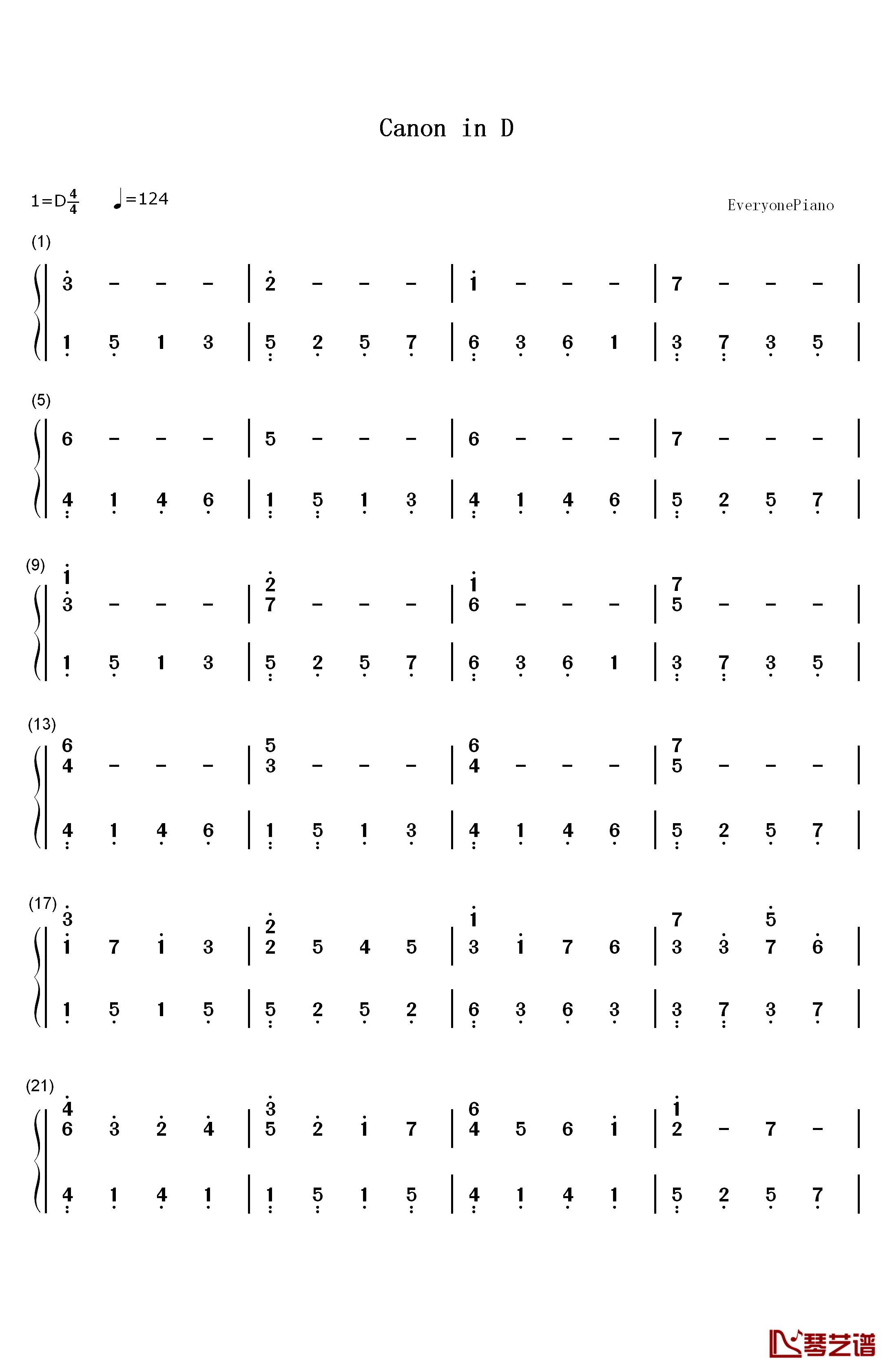 D大调卡农钢琴简谱-数字双手-帕赫贝尔1