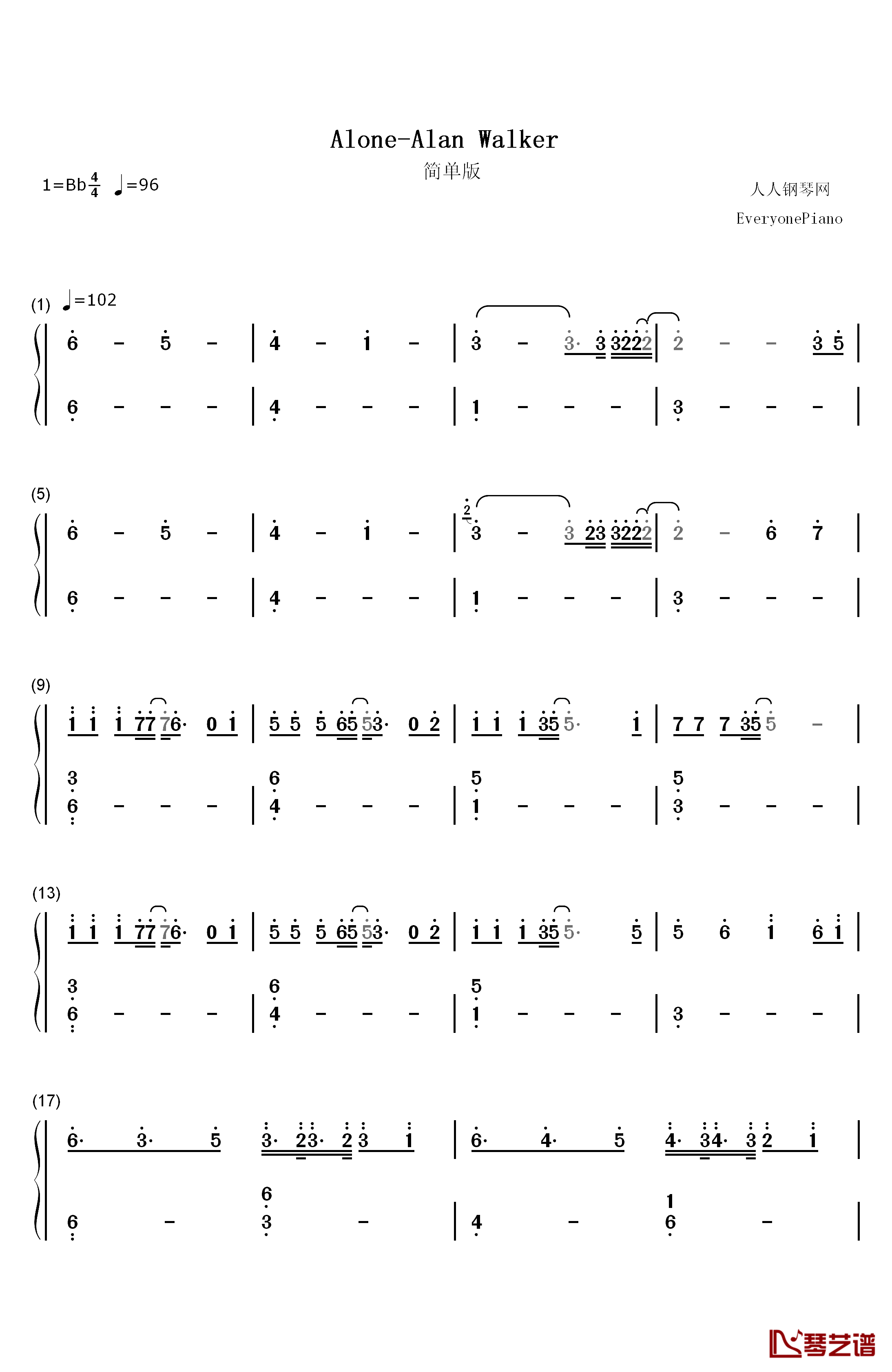 Alone简单版钢琴简谱-数字双手-Alan Walker1