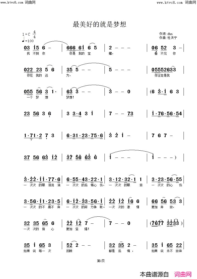 《最美好的就是梦想》简谱 杜洪宁作词 杜洪宁作曲 叶莲娜演唱 杜洪宁编曲  第1页