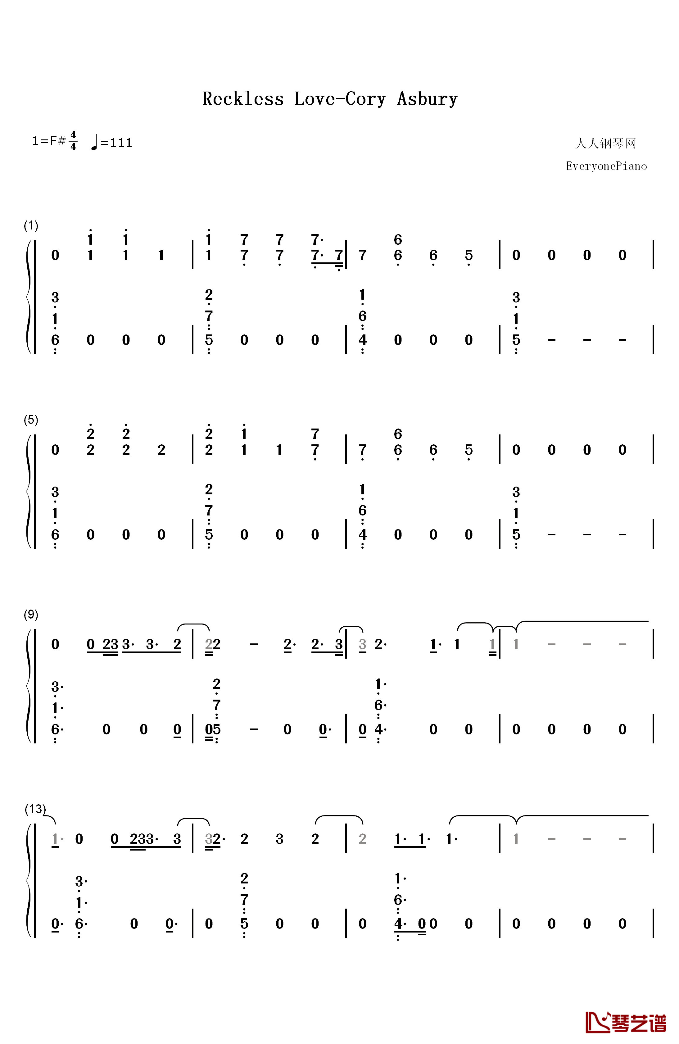 Reckless Love钢琴简谱-数字双手-Cory Asbury1