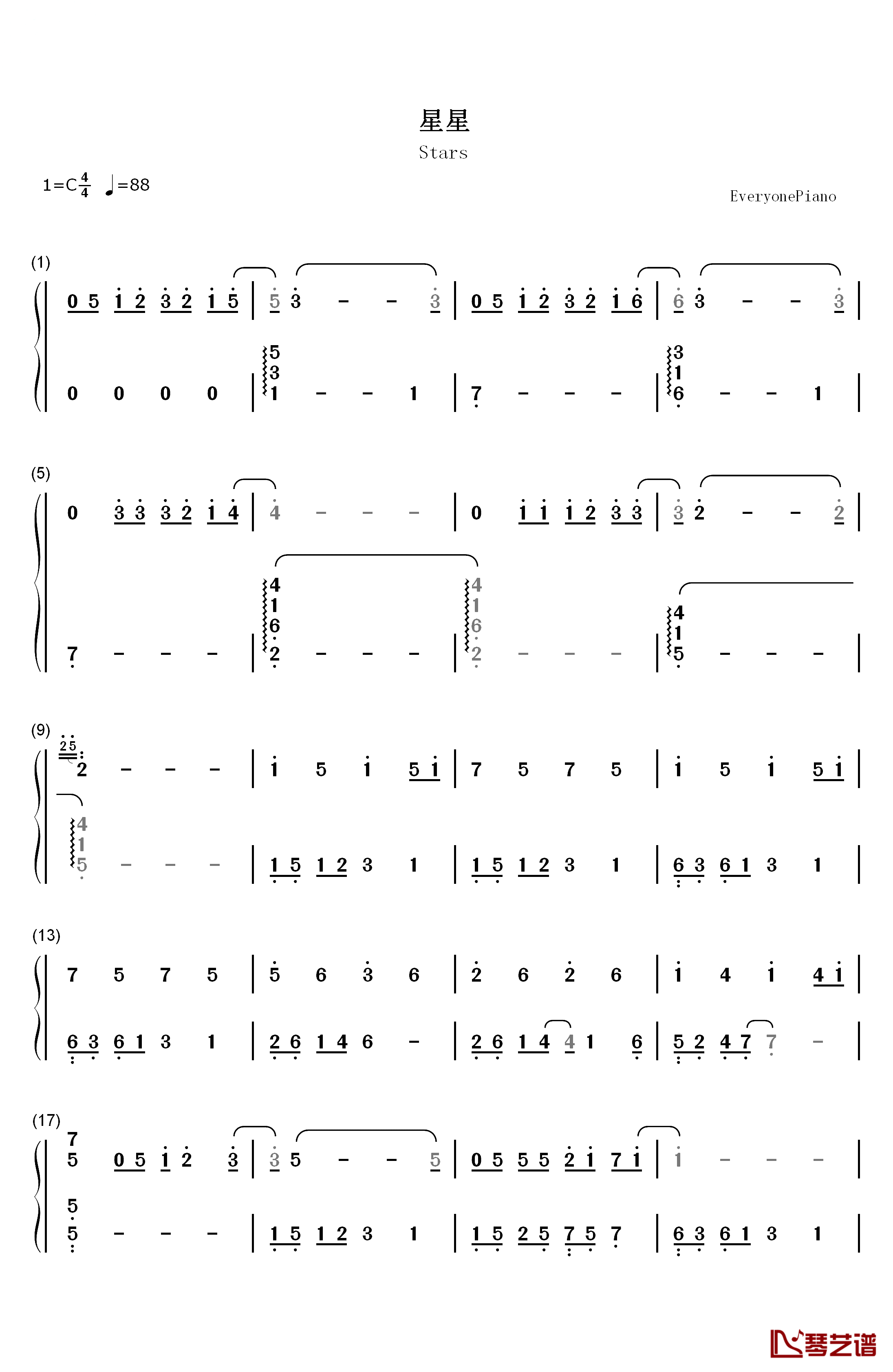 星星钢琴简谱-数字双手-牛奶咖啡1