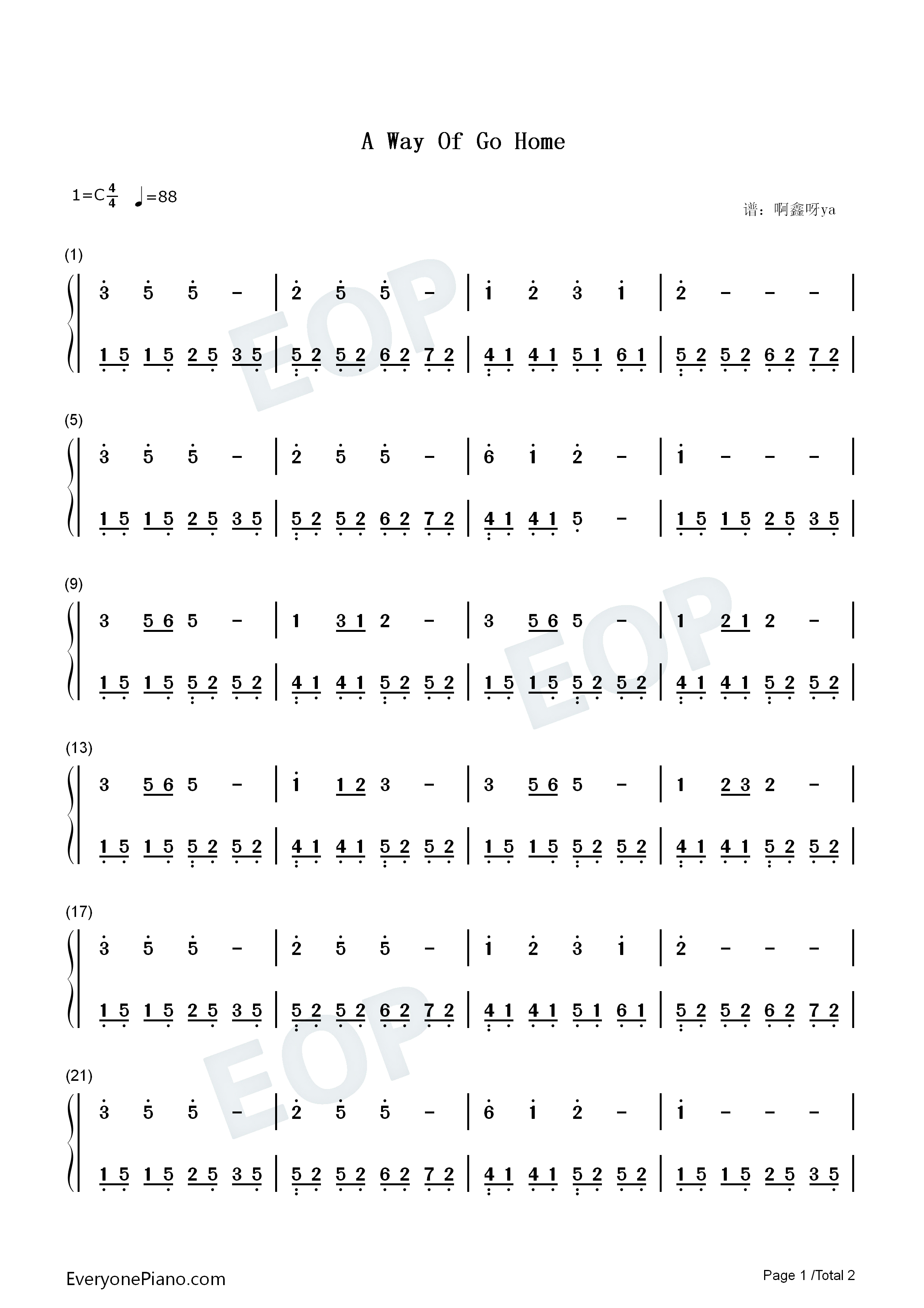 A Way Of Go Home钢琴简谱-啊鑫呀ya演唱1