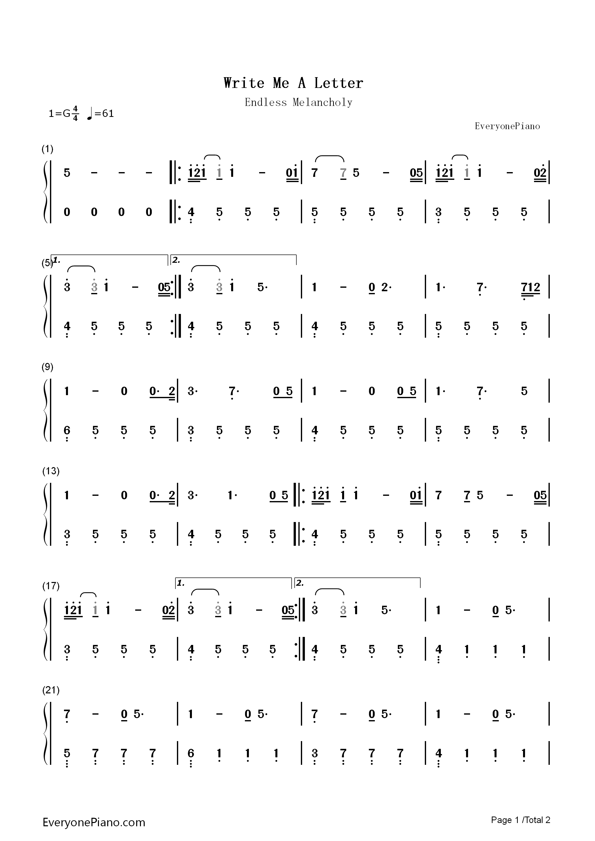 Write Me A Letter钢琴简谱-Endless Melancholy演唱1