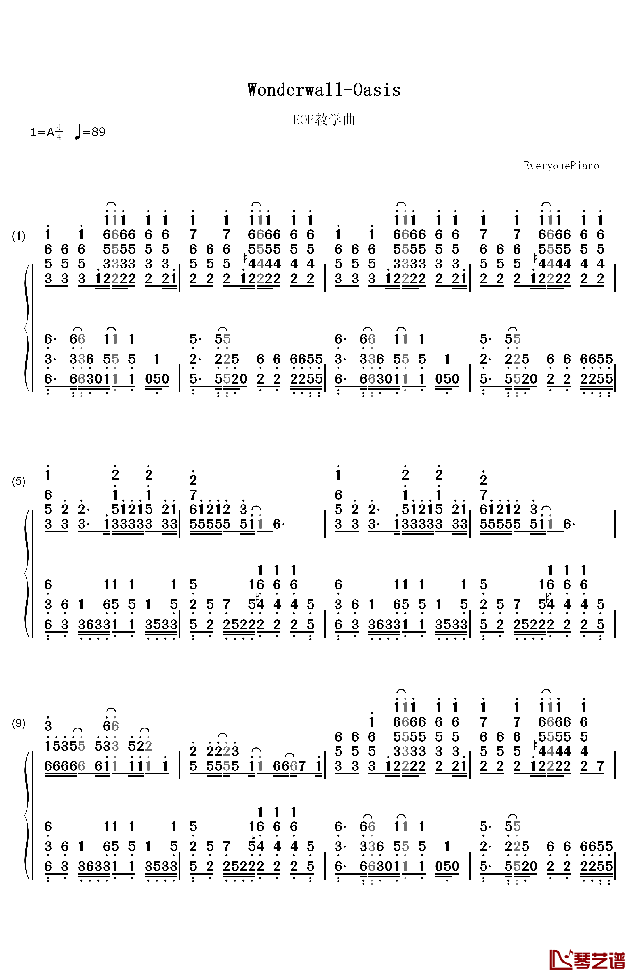 Wonderwall钢琴简谱-数字双手-Oasis1