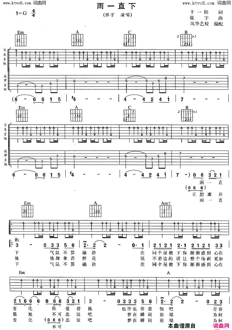 雨一直下简谱-张宇演唱-十一郎/张宇词曲1