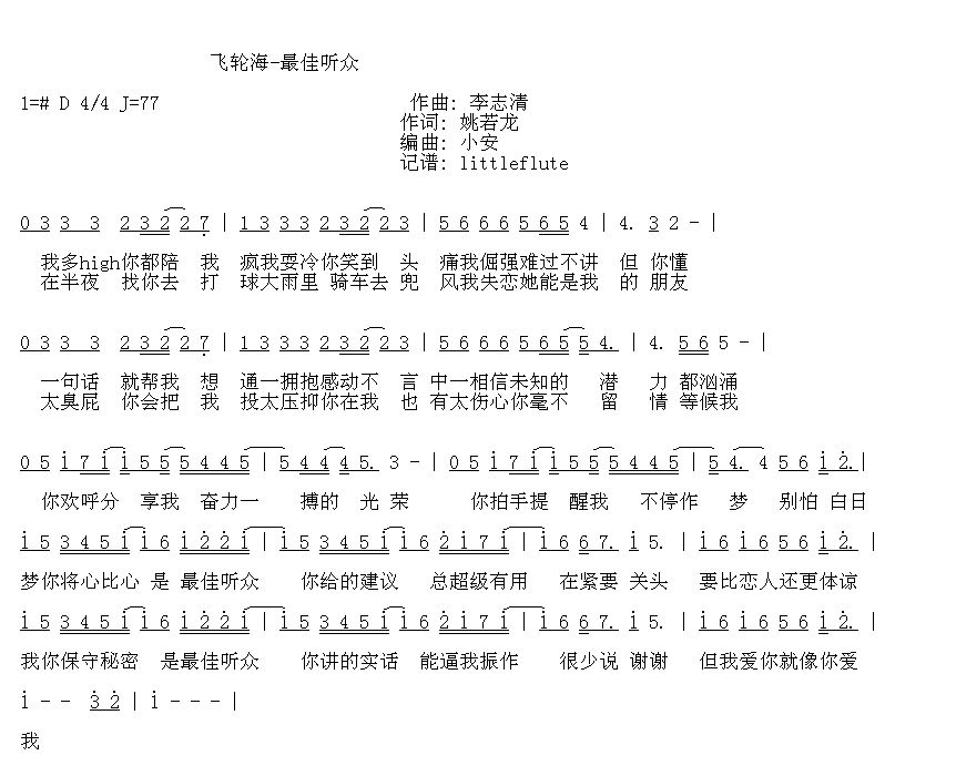 最佳听众简谱-飞轮海演唱1