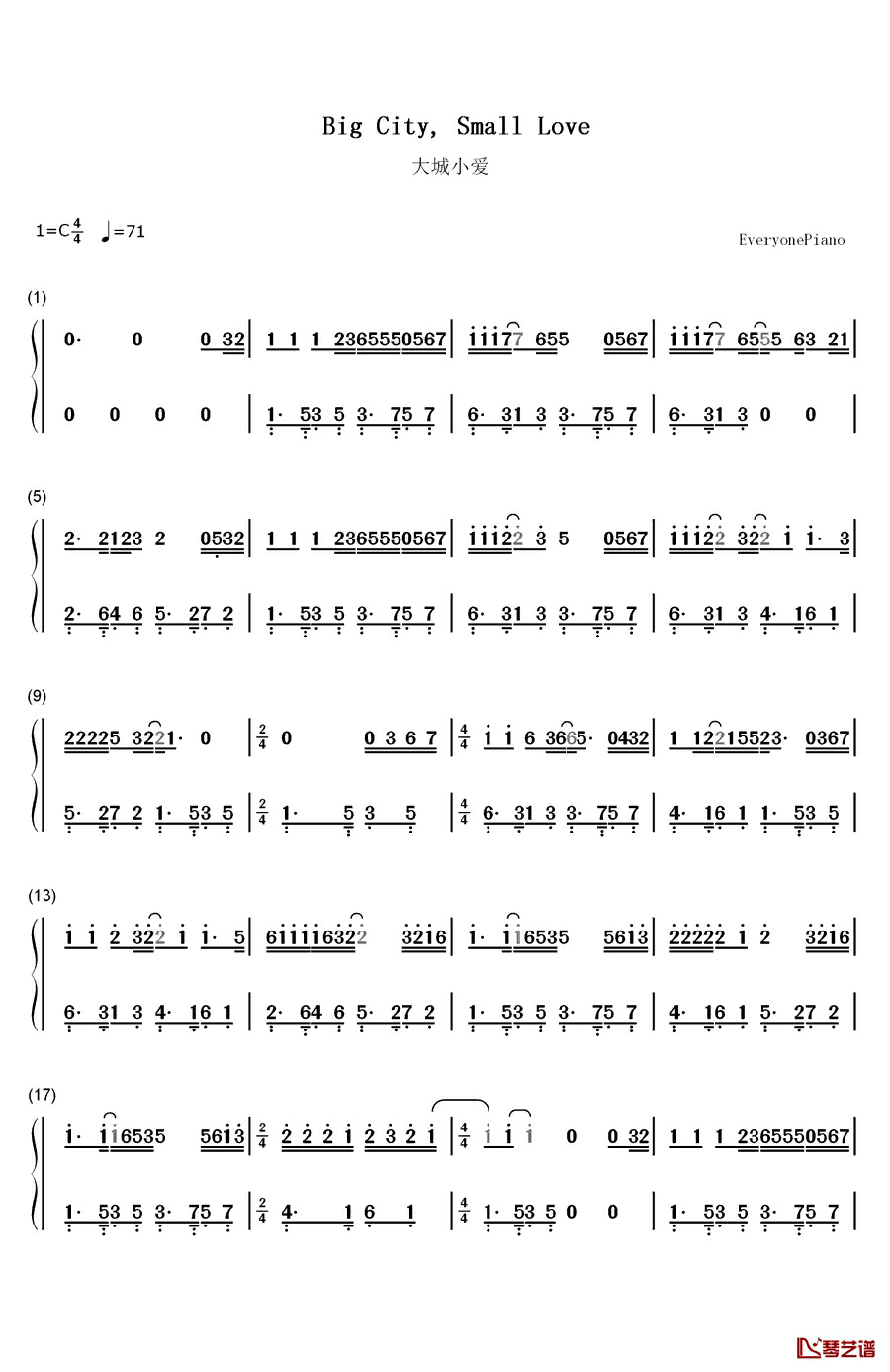 大城小爱钢琴简谱-数字双手-王力宏1