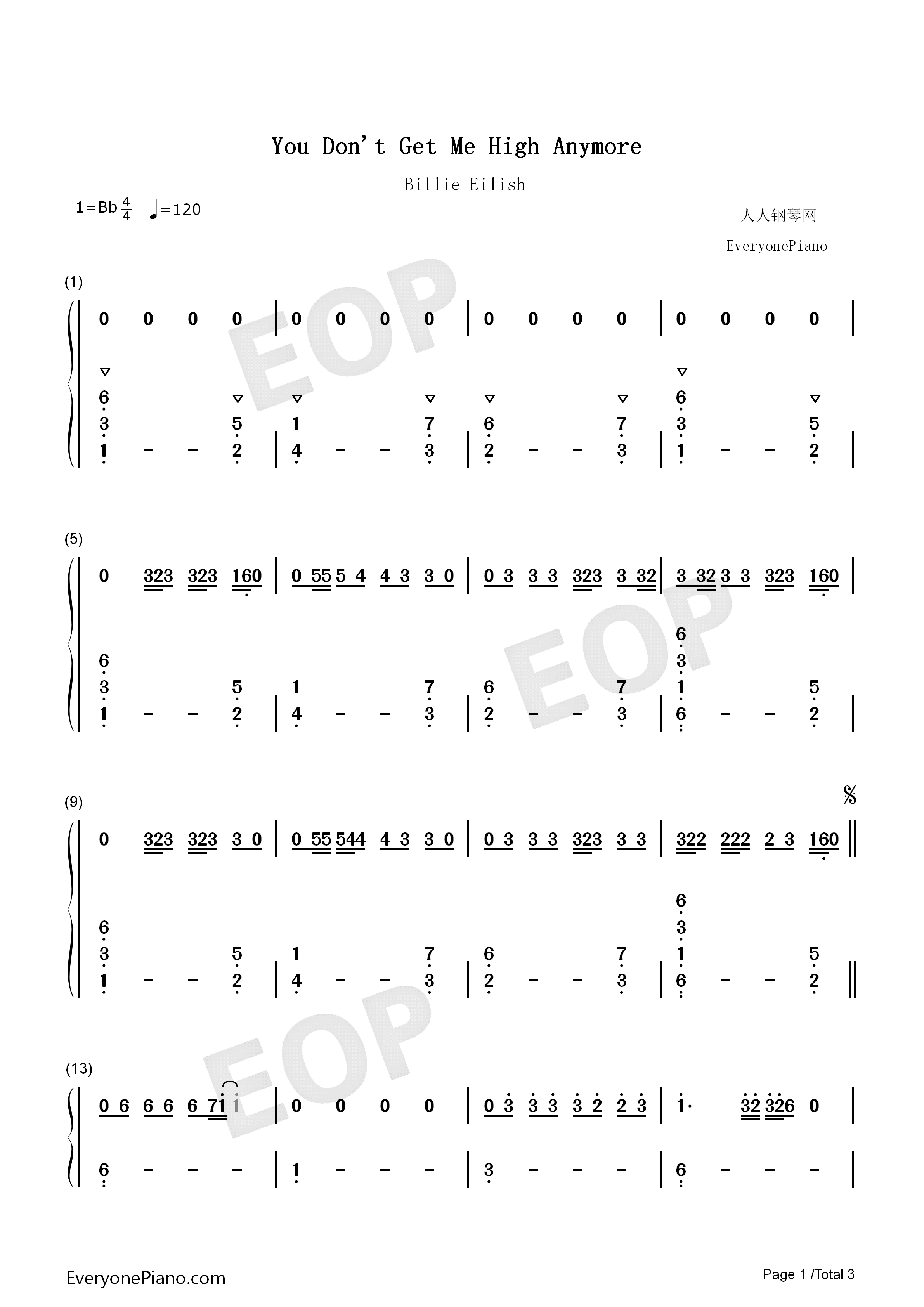 You Dont Get Me High Anymore钢琴简谱-Billie Eilish演唱1