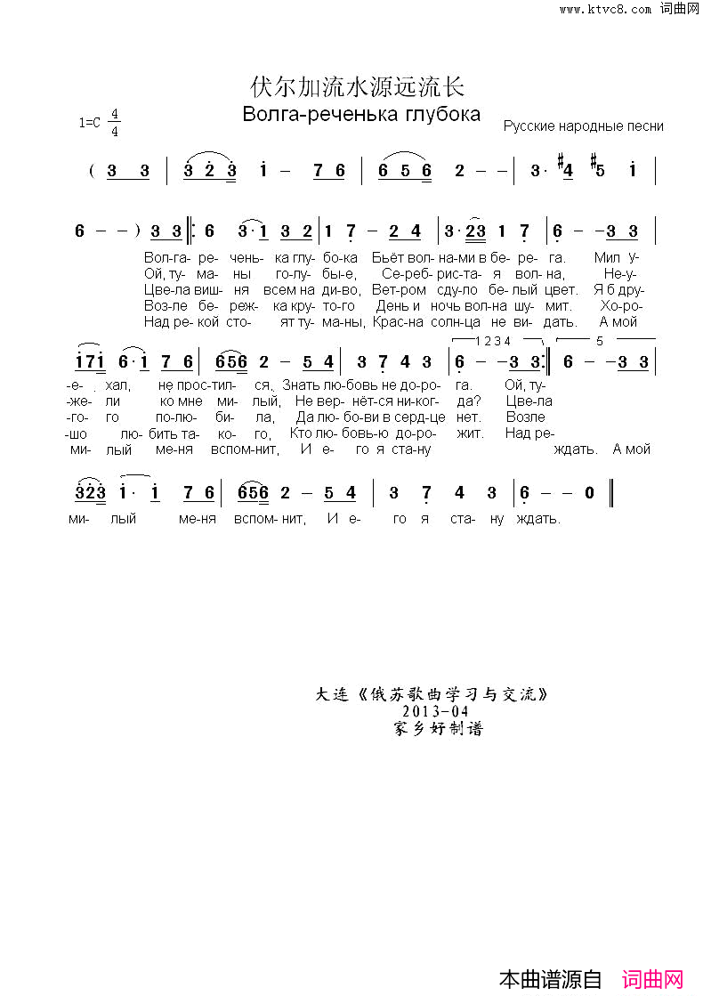 伏尔加河源远流长Волга-реченькаглубока简谱1