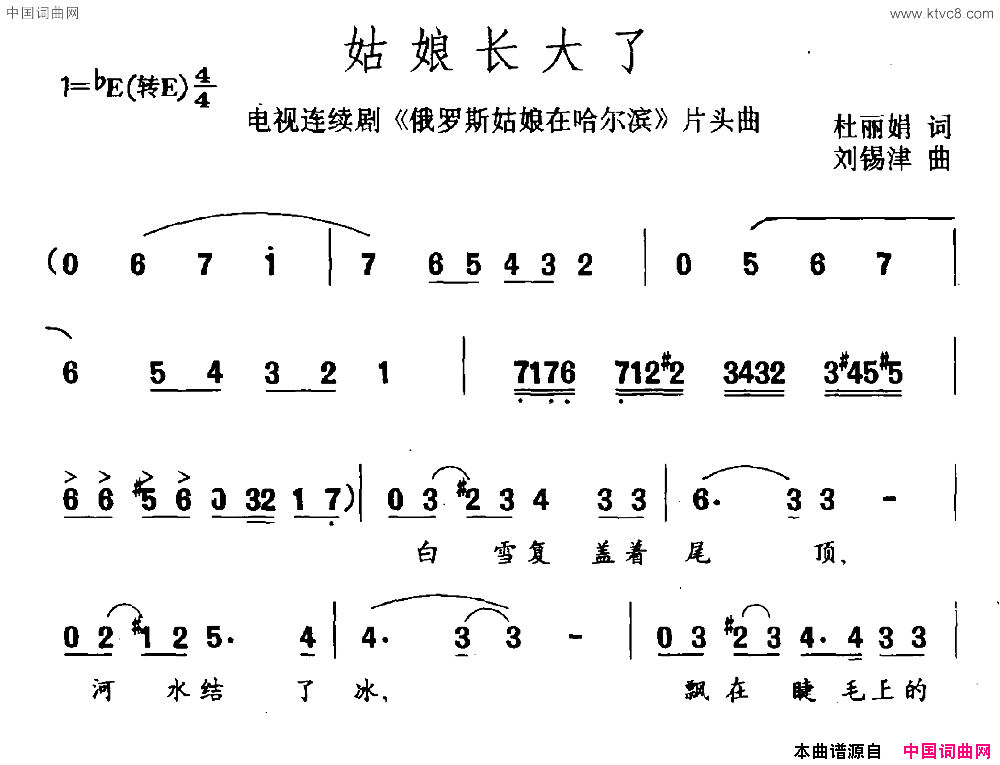 姑娘长大了连续剧《俄罗斯姑娘在哈尔滨》片头曲简谱1