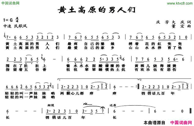 黄土高原的男人们庆芳大庆词董宏曲黄土高原的男人们庆芳 大庆词 董宏曲简谱1