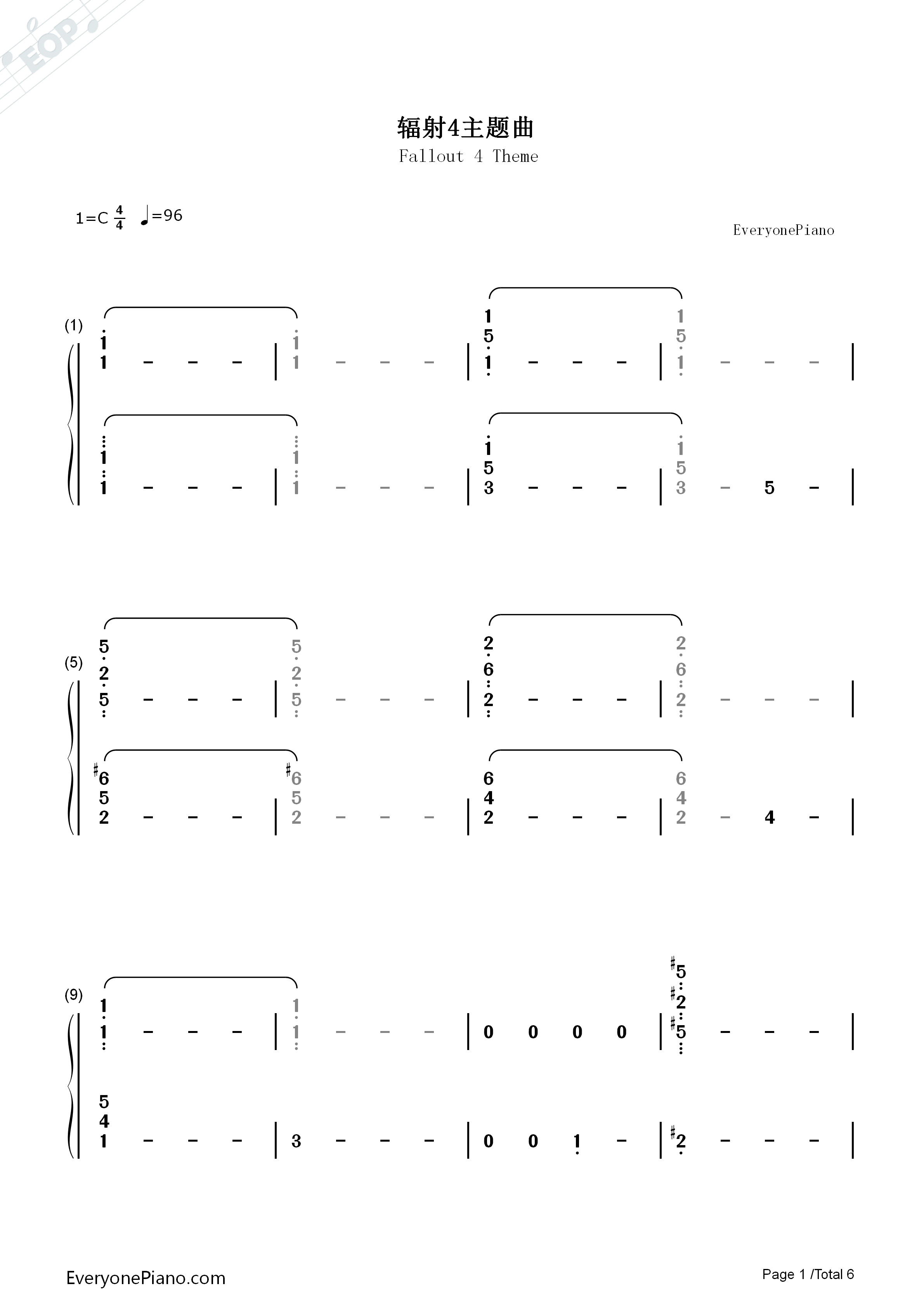 辐射4主题曲钢琴简谱-Inon Zur演唱1