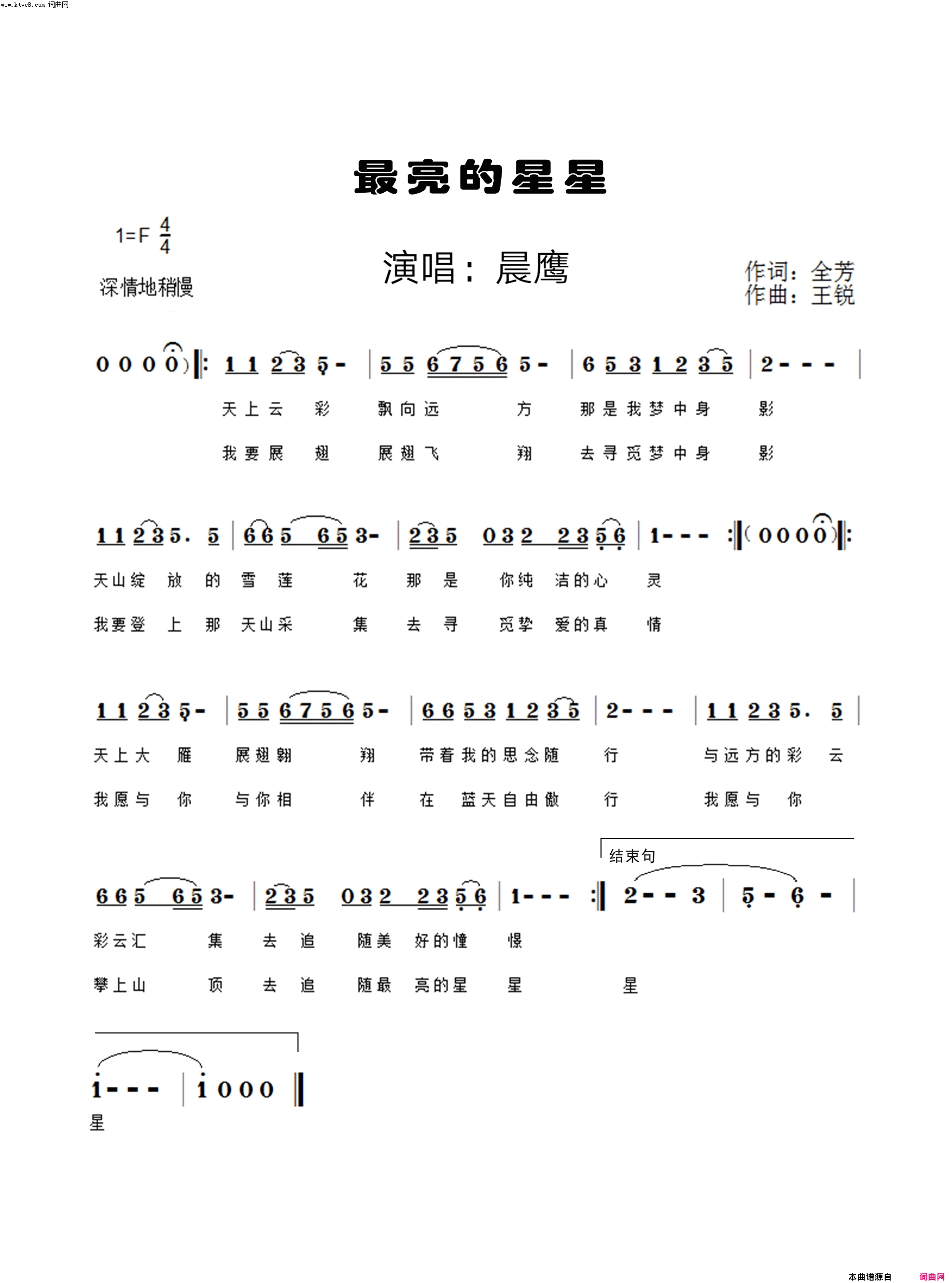 最亮的星星晨鹰演唱简谱-晨鹰演唱-全芳/王锐词曲1