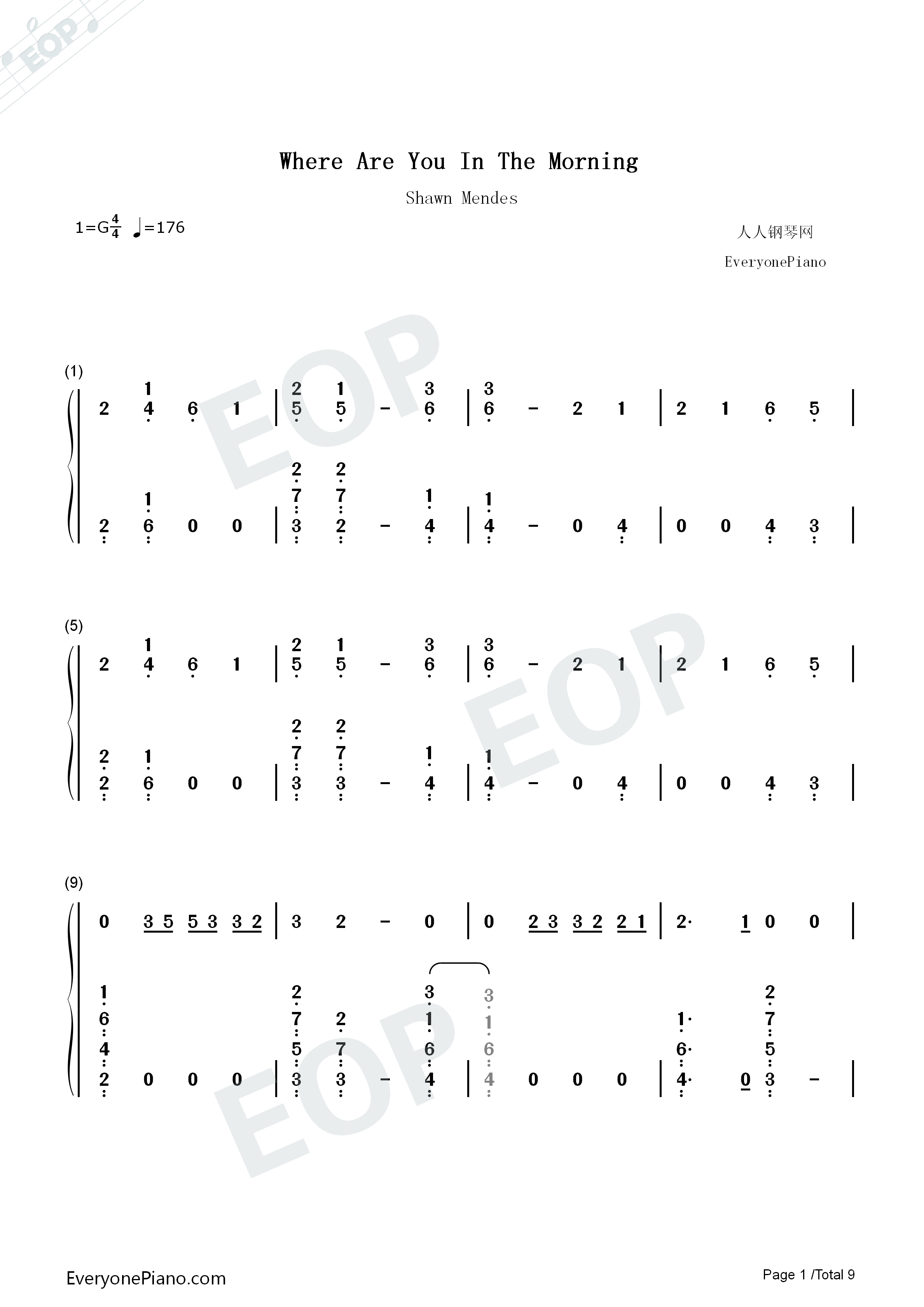 Where Were You in the Morning钢琴简谱-Shawn Mendes演唱1