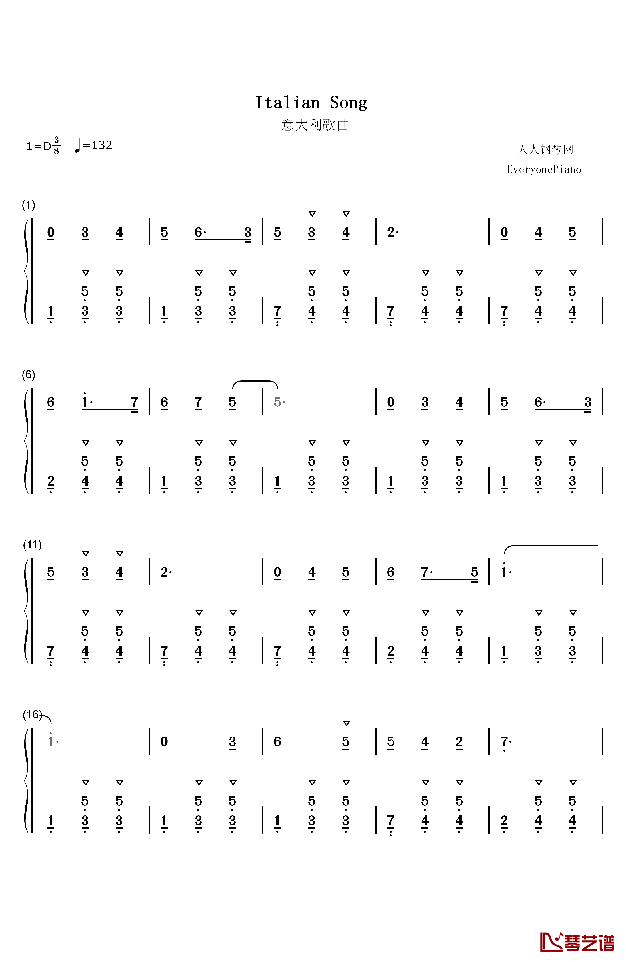 意大利歌曲钢琴简谱-数字双手-柴可夫斯基1