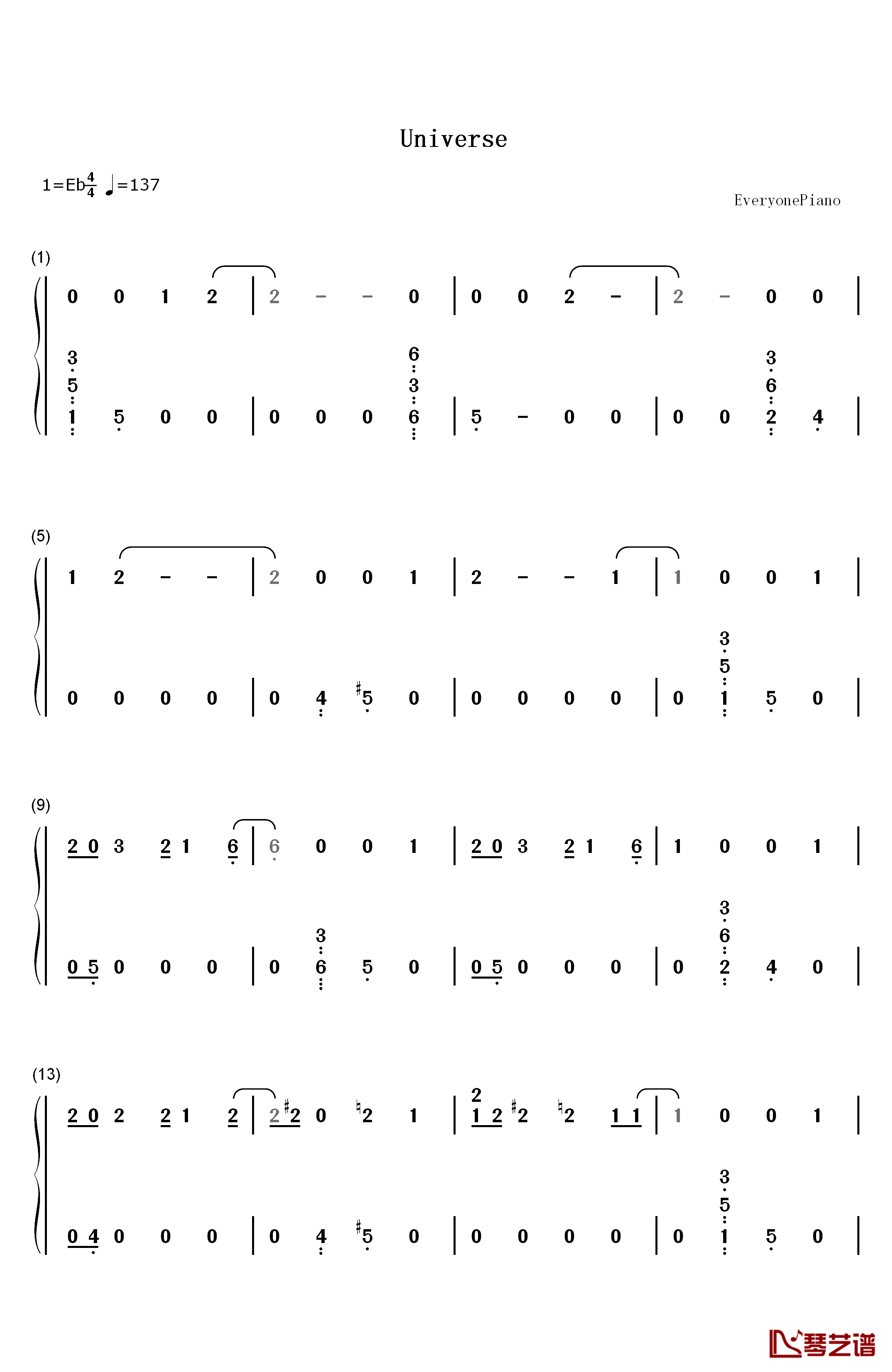 Universe钢琴简谱-数字双手-EXO1