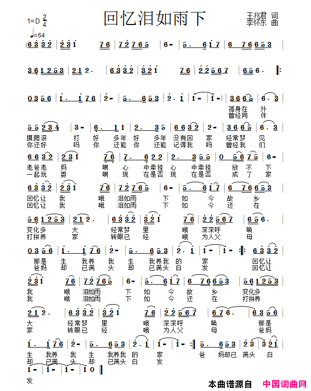 回忆泪如雨下简谱-峥嵘岁月演唱-王兆君/李怀东词曲1