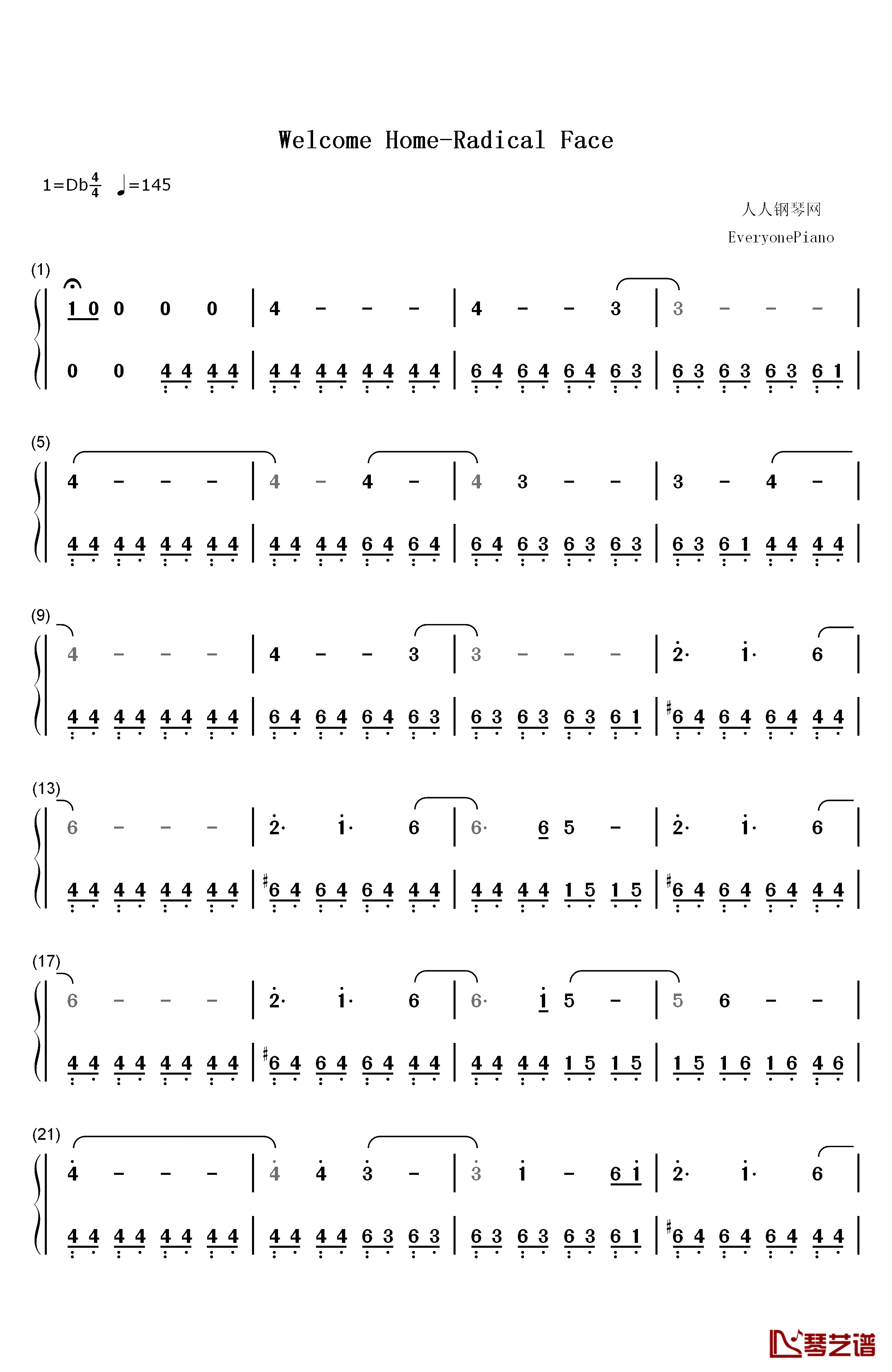 Welcome Home钢琴简谱-数字双手-Radical Face1