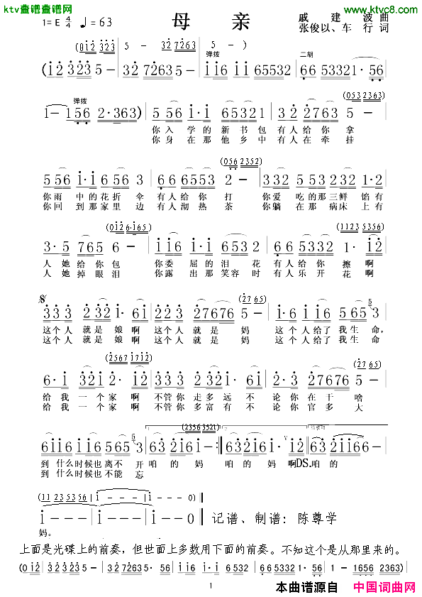 母亲张俊以词戚建波曲简谱-阎维文演唱1
