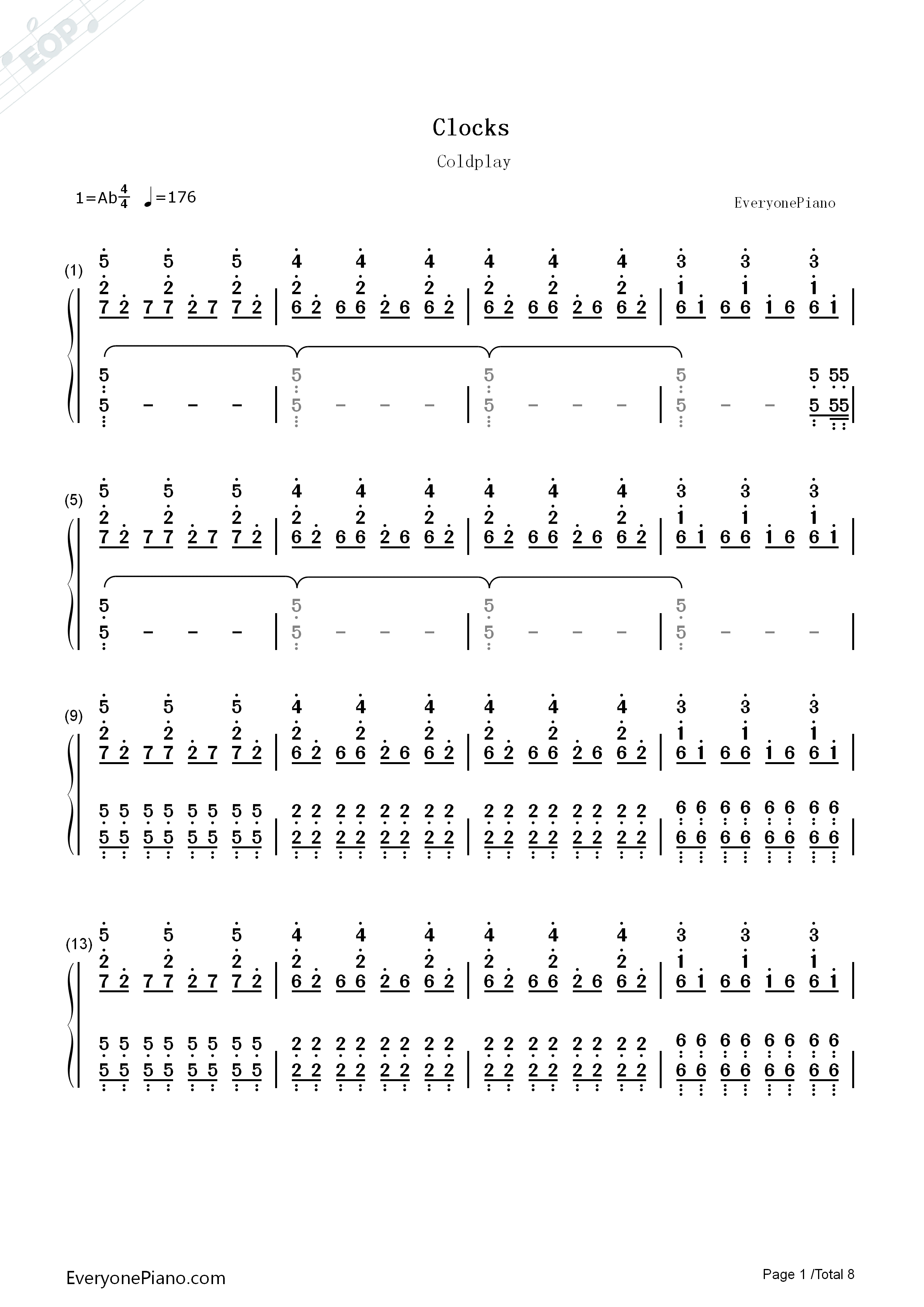 Clocks钢琴简谱-Coldplay演唱1