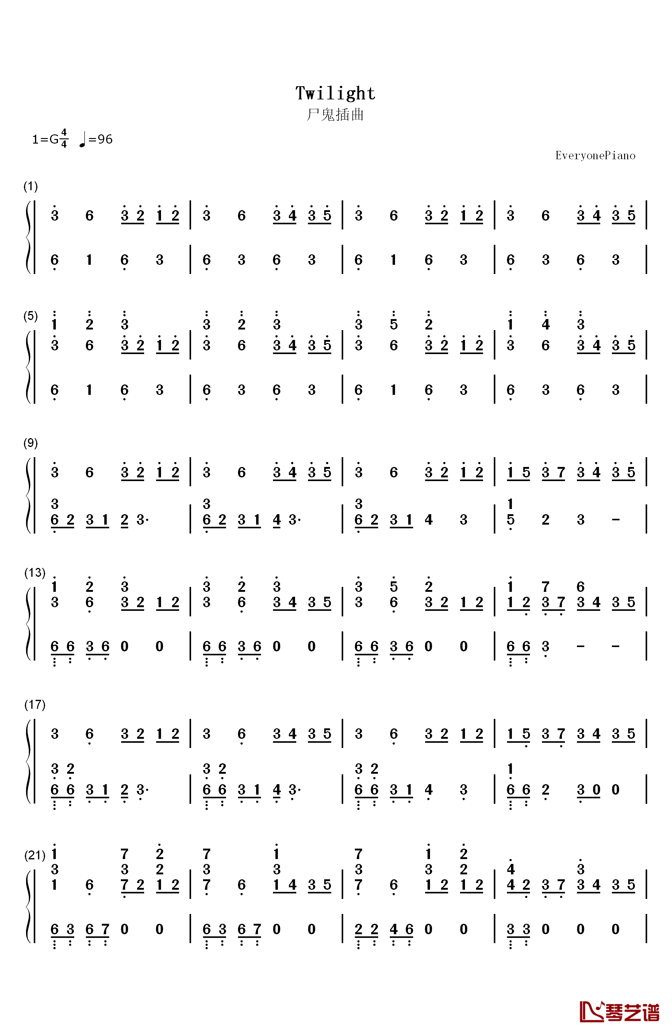 Twilight钢琴简谱-数字双手-高梨康治1