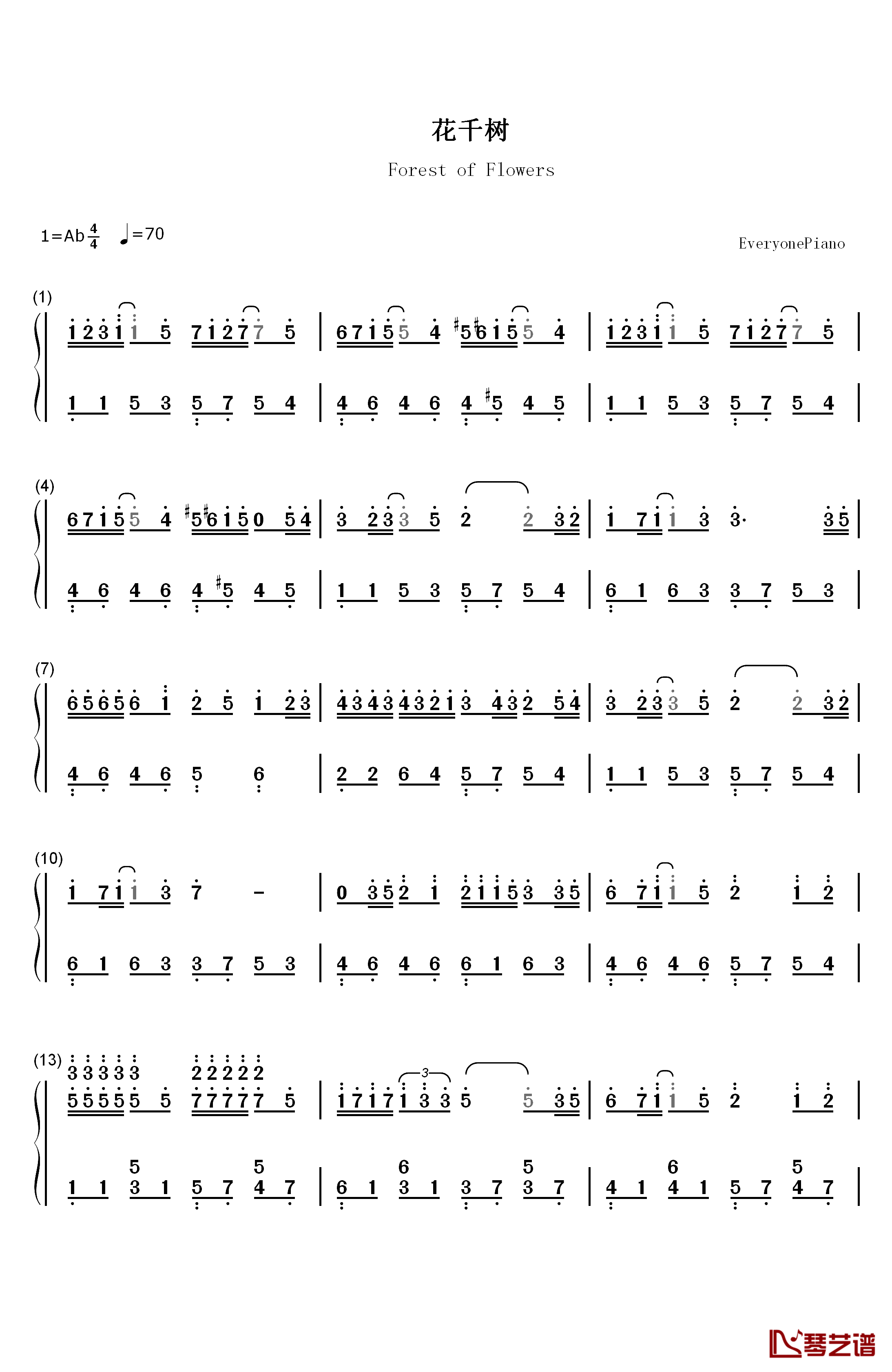花千树钢琴简谱-数字双手-容祖儿1