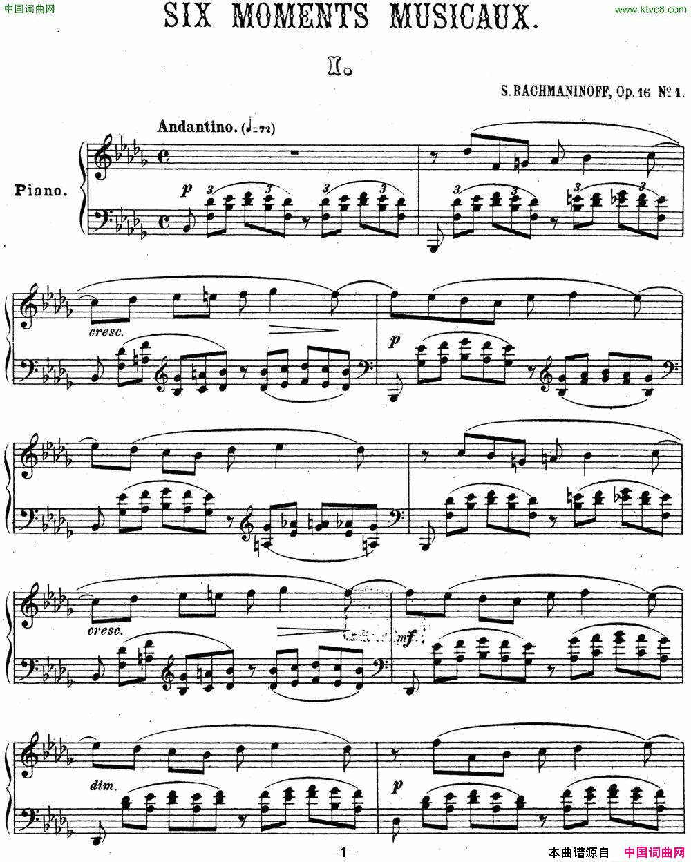 拉赫玛尼诺夫音乐瞬间Op.16No.1降b小调简谱1