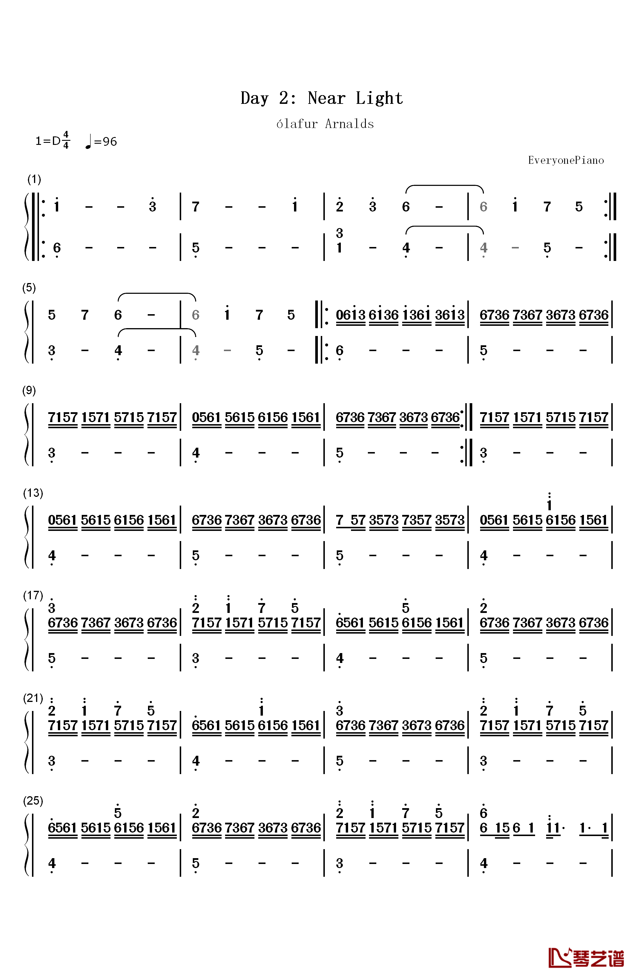 Day 2 Near Light钢琴简谱-数字双手-ólafur Arnalds1