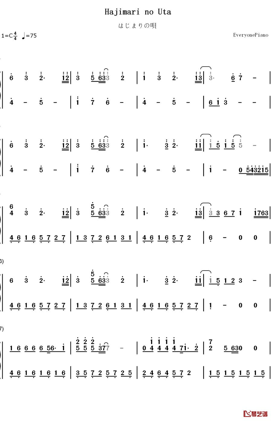 はじまりの呗钢琴简谱-数字双手-ALcot1