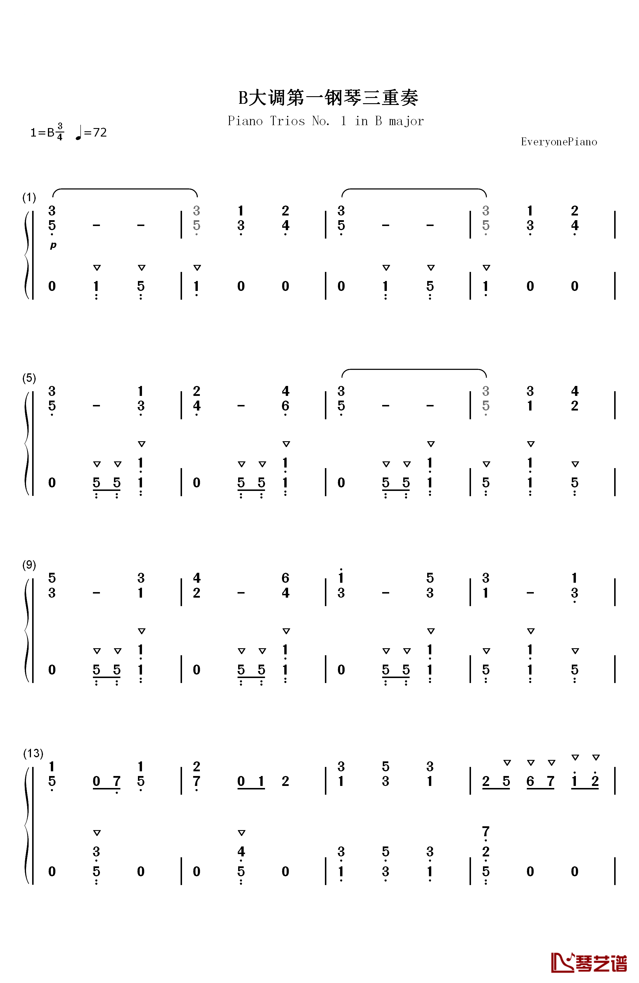 B大调第一钢琴三重奏钢琴简谱-数字双手-勃拉姆斯1