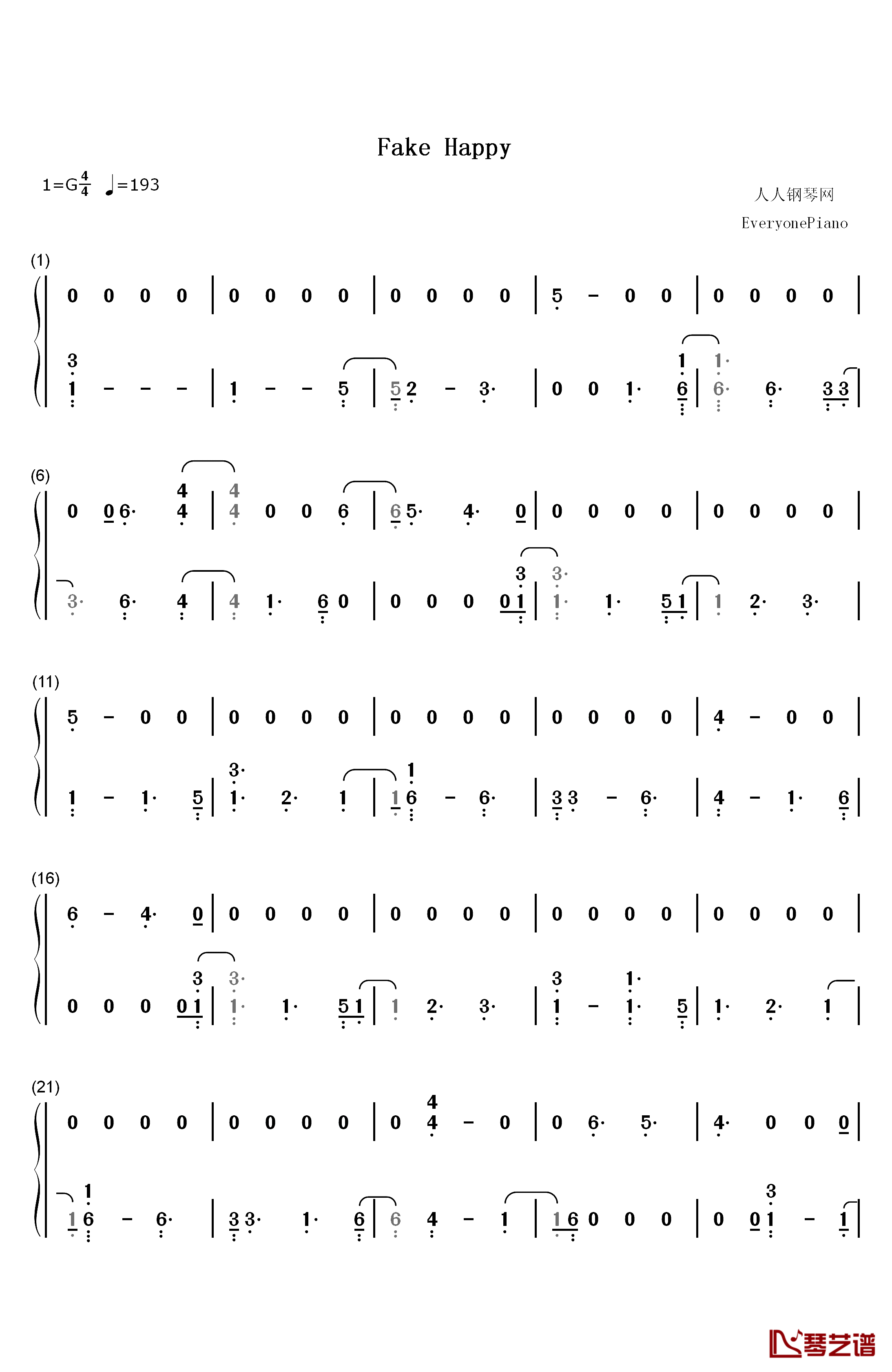 Fake Happy钢琴简谱-数字双手-Paramore1