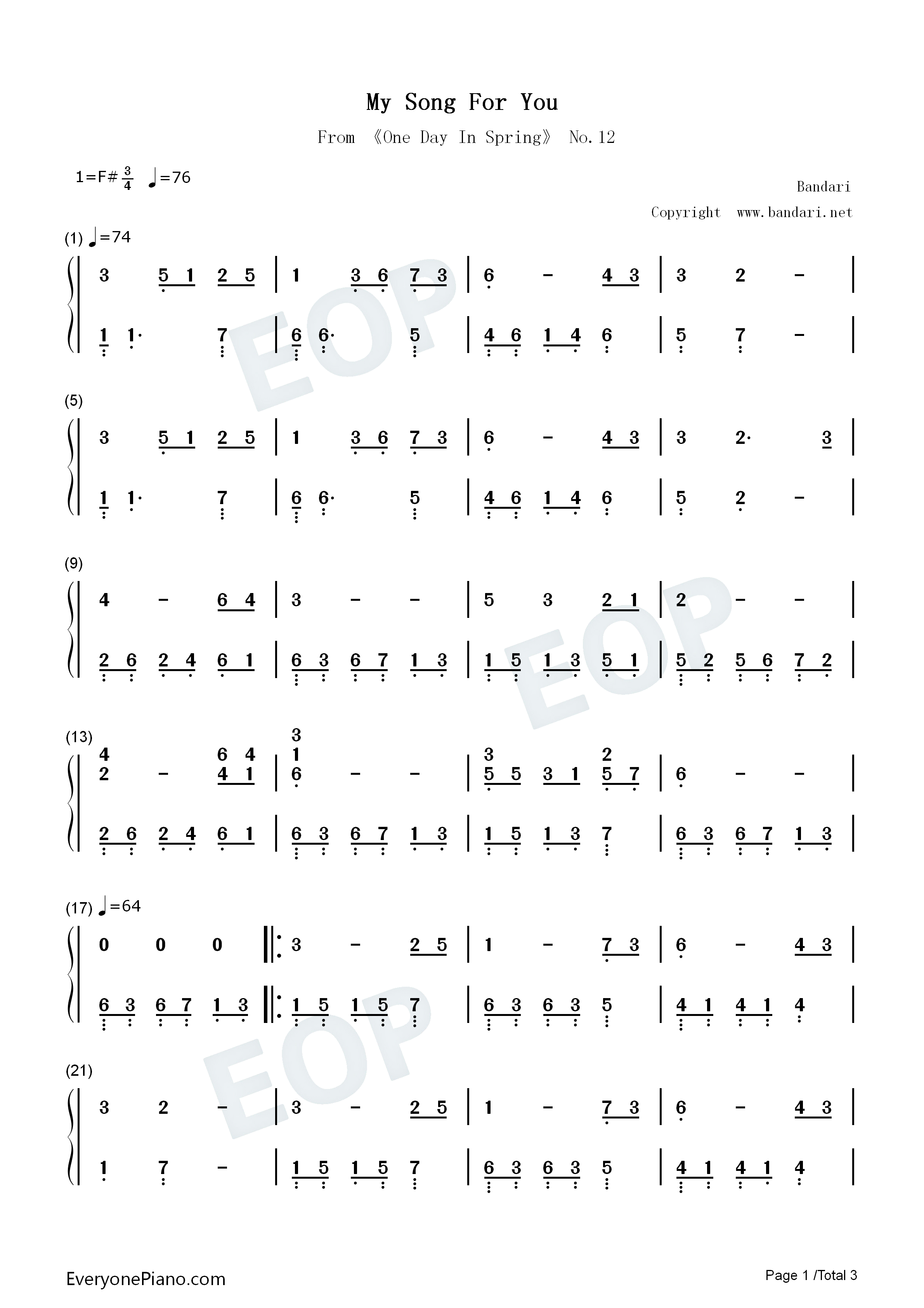 My Song For You钢琴简谱-班得瑞演唱1
