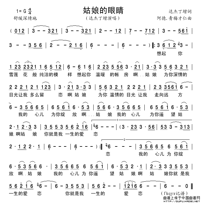 姑娘的眼睛简谱-达杰丁增格式：简谱演唱-谱友古弓记谱上传制作曲谱1