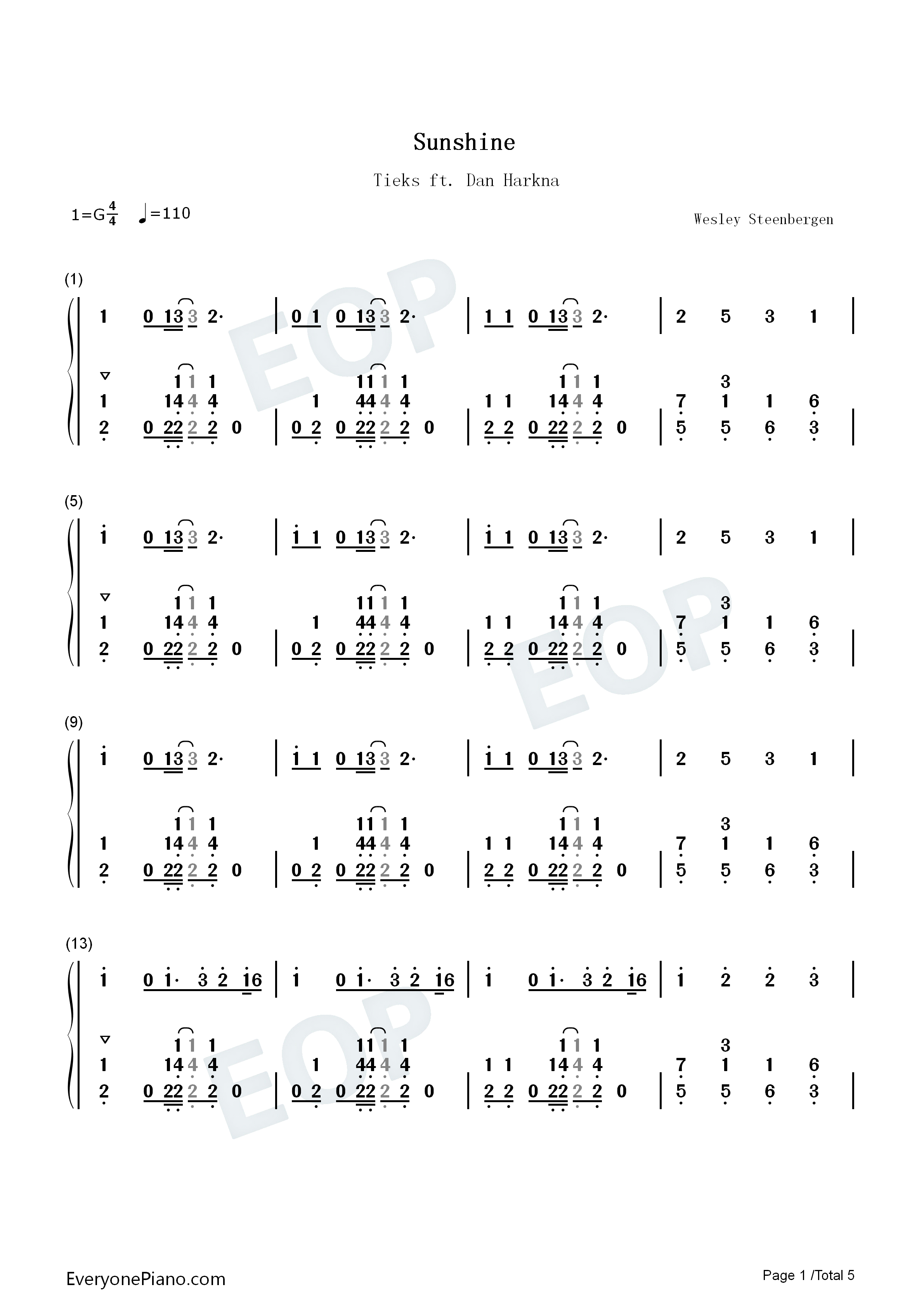 Sunshine钢琴简谱-Tieks Dan Harkna演唱1