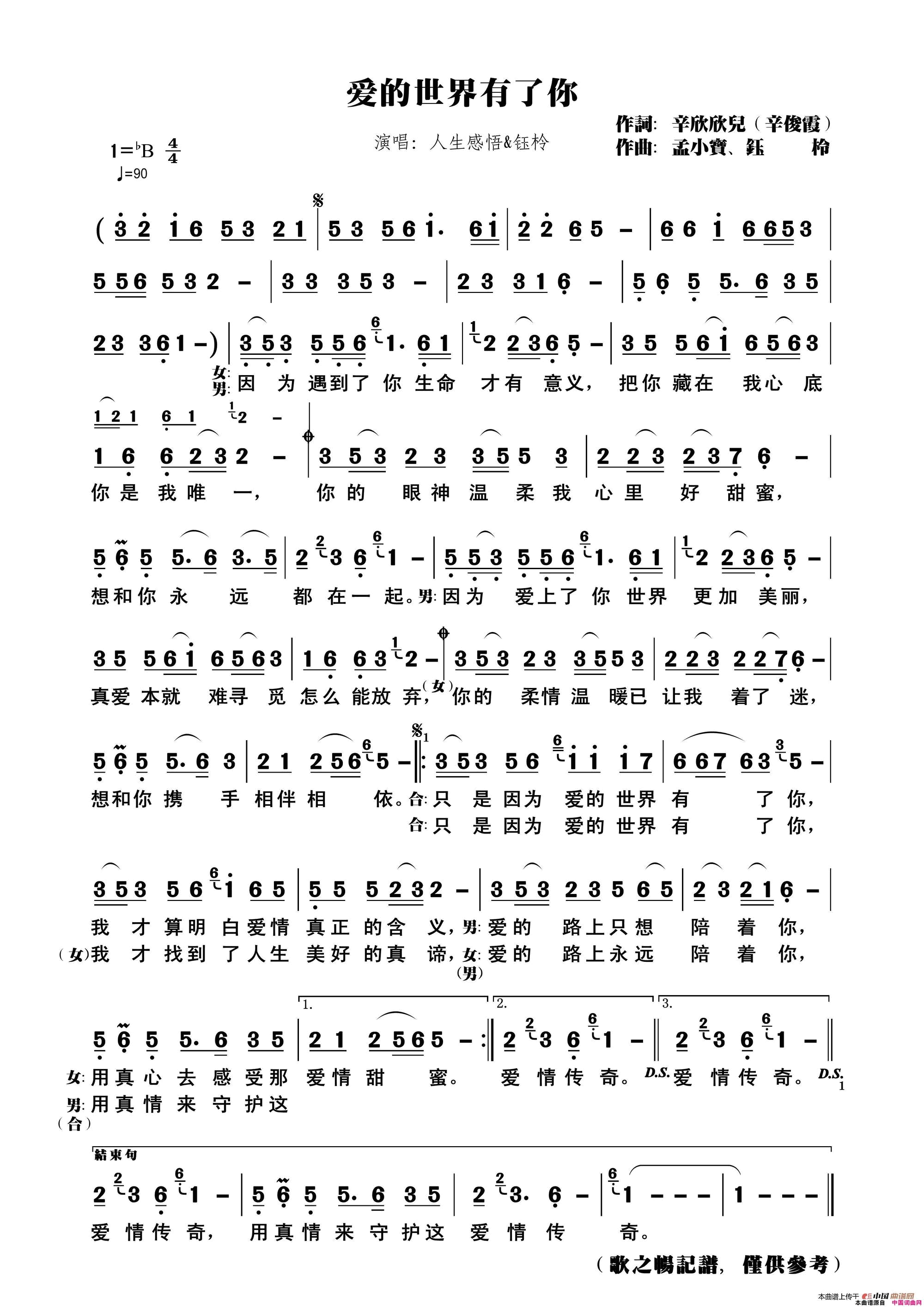 爱的世界有了你简谱-人生感悟演唱-辛欣欣儿、辛俊霞/孟小宝、钰柃词曲1
