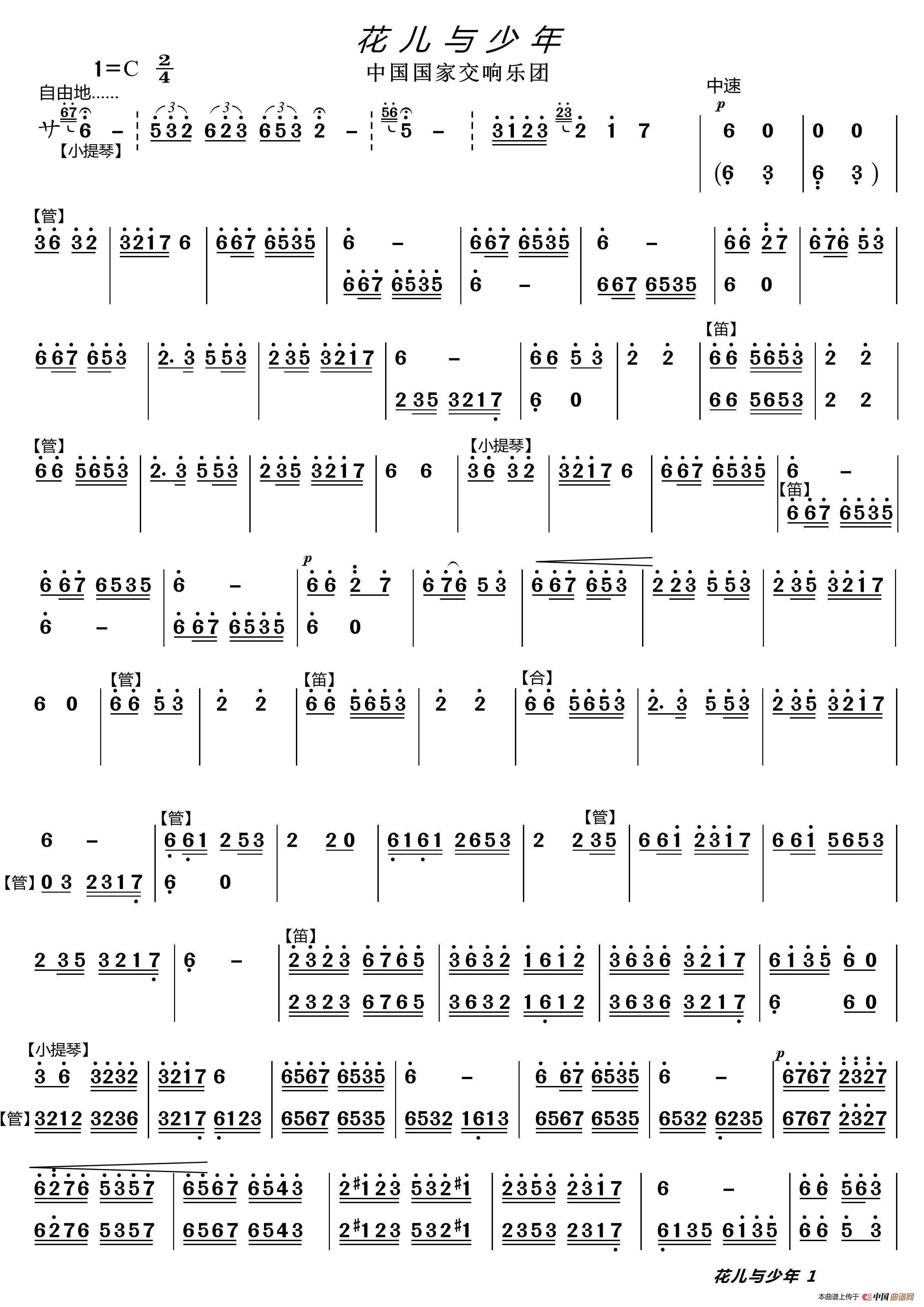 花儿与少年（器乐合奏主旋律谱）简谱-中国国家交响乐团演唱-LZH5566制作曲谱1
