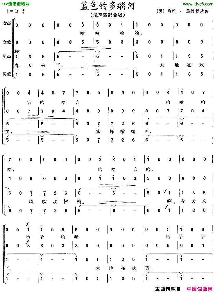 蓝色的多瑙河[奥]简谱1