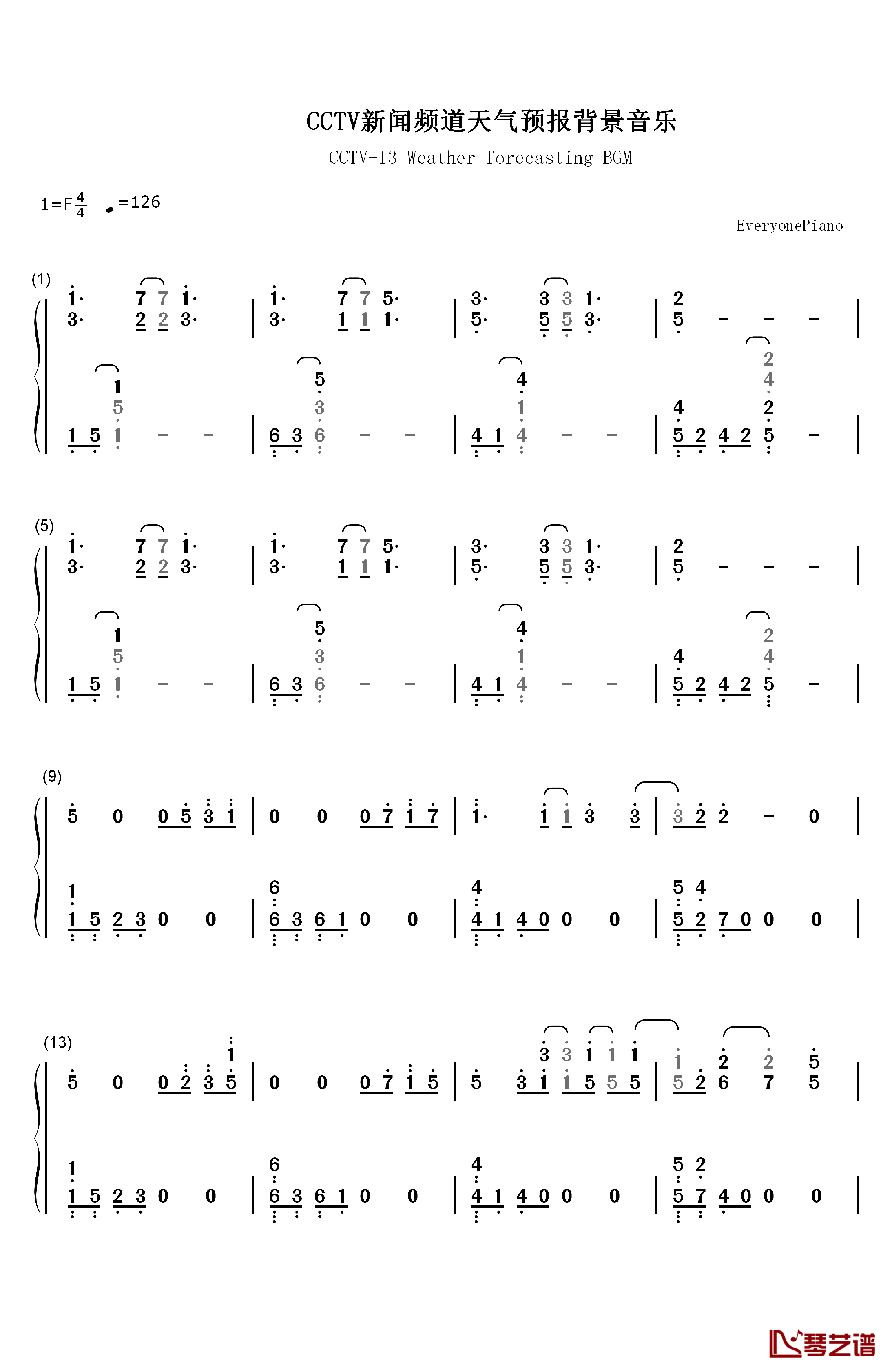 CCTV新闻频道天气预报背景音乐钢琴简谱-数字双手-未知1