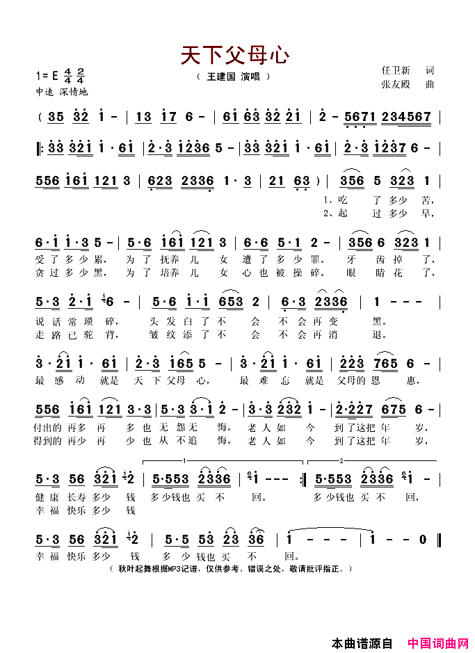 天下父母心简谱-王建国演唱-任卫新/张友殿词曲1