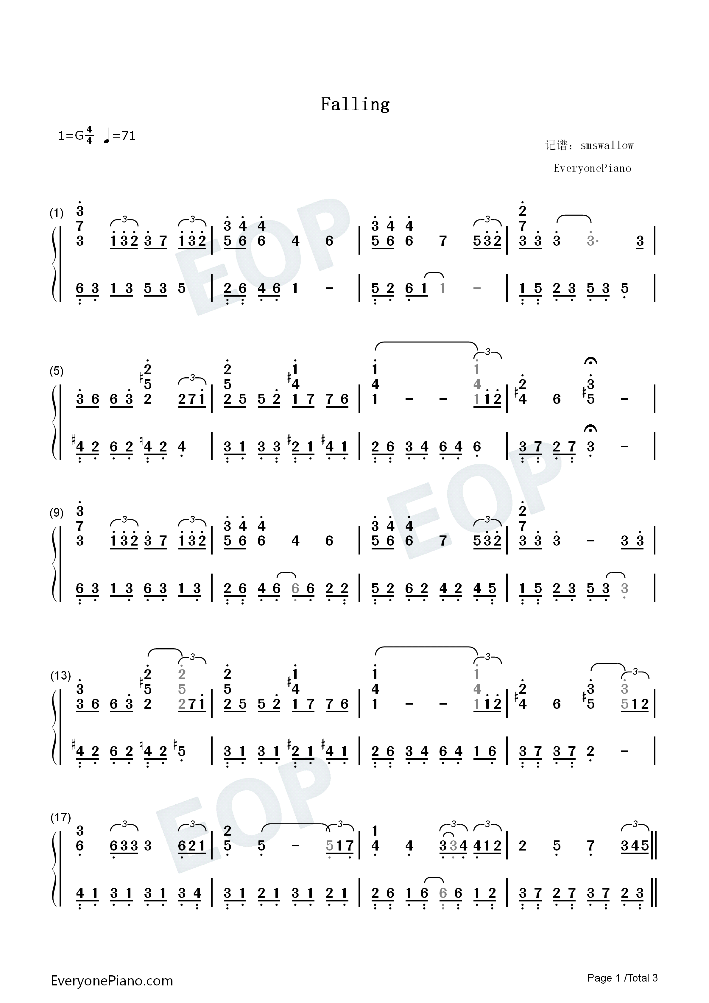 Falling钢琴简谱-李闰珉演唱1