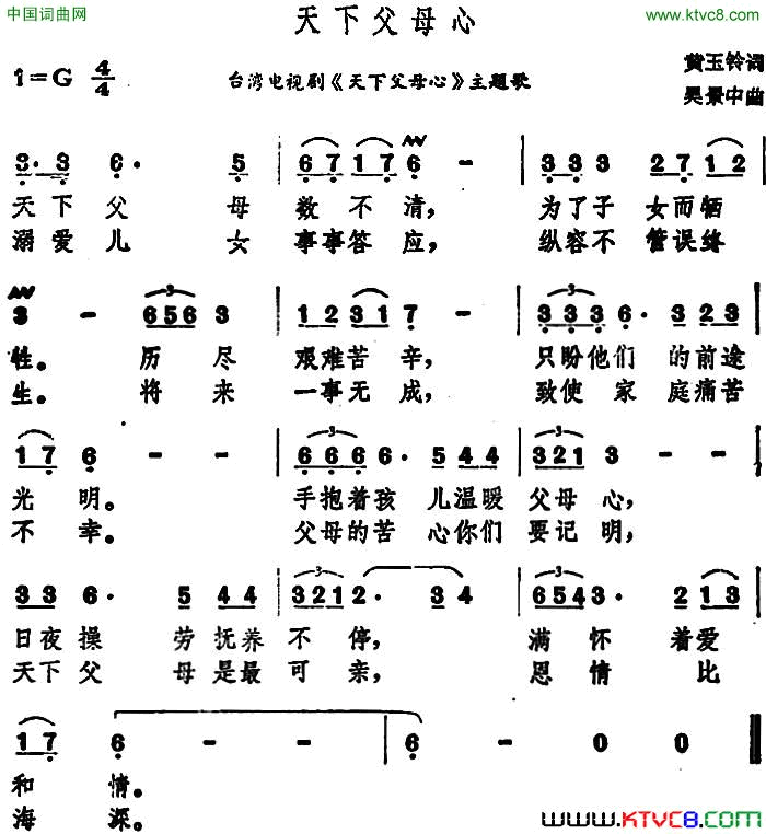 天下父母心台湾电视剧《天下父母心》主题歌简谱1