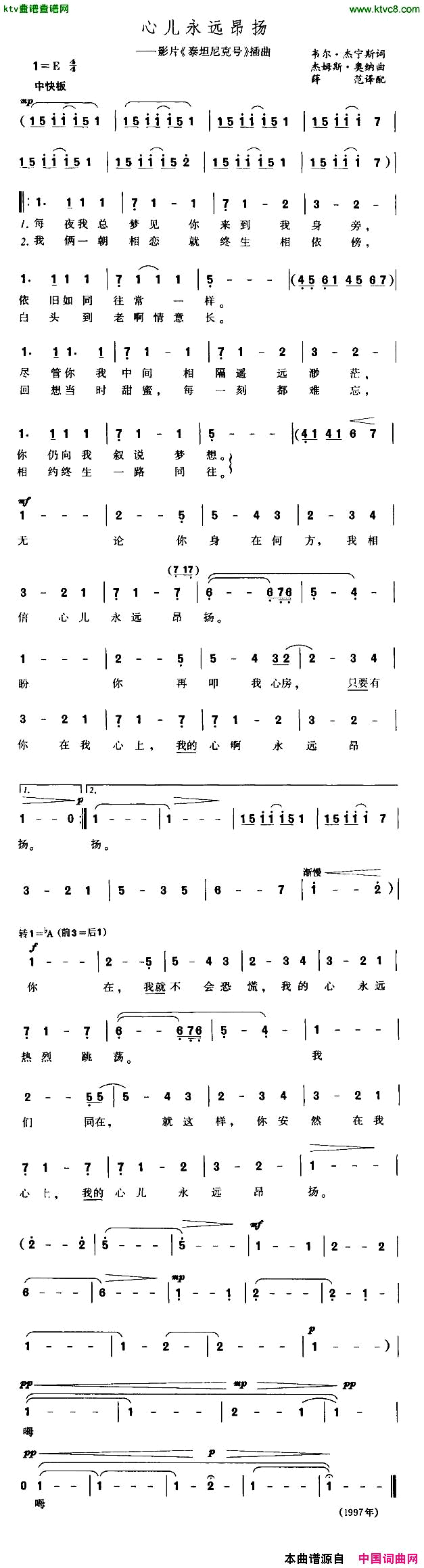 心儿永远昂扬[美]简谱1