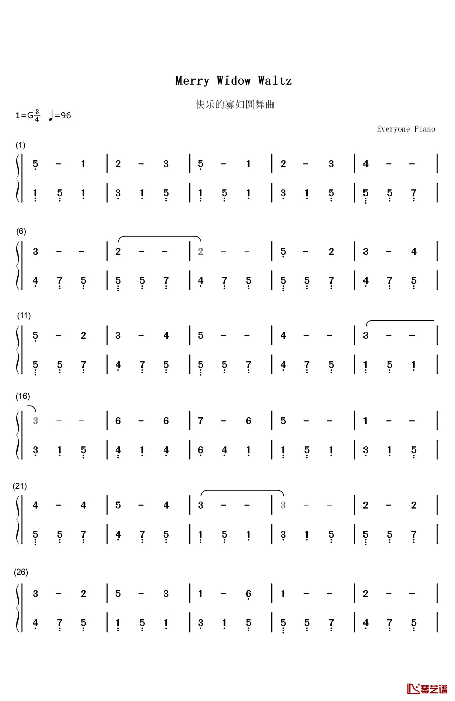 快乐的寡妇圆舞曲钢琴简谱-数字双手-弗兰兹•雷哈尔1