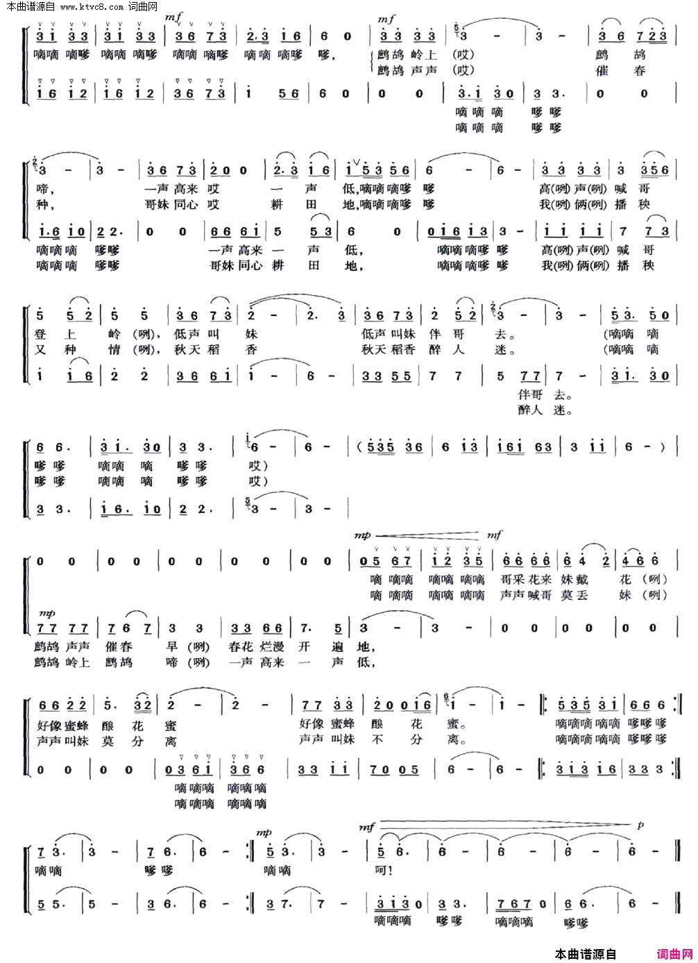 鹧鸪岭上鹧鸪啼女声组合简谱1