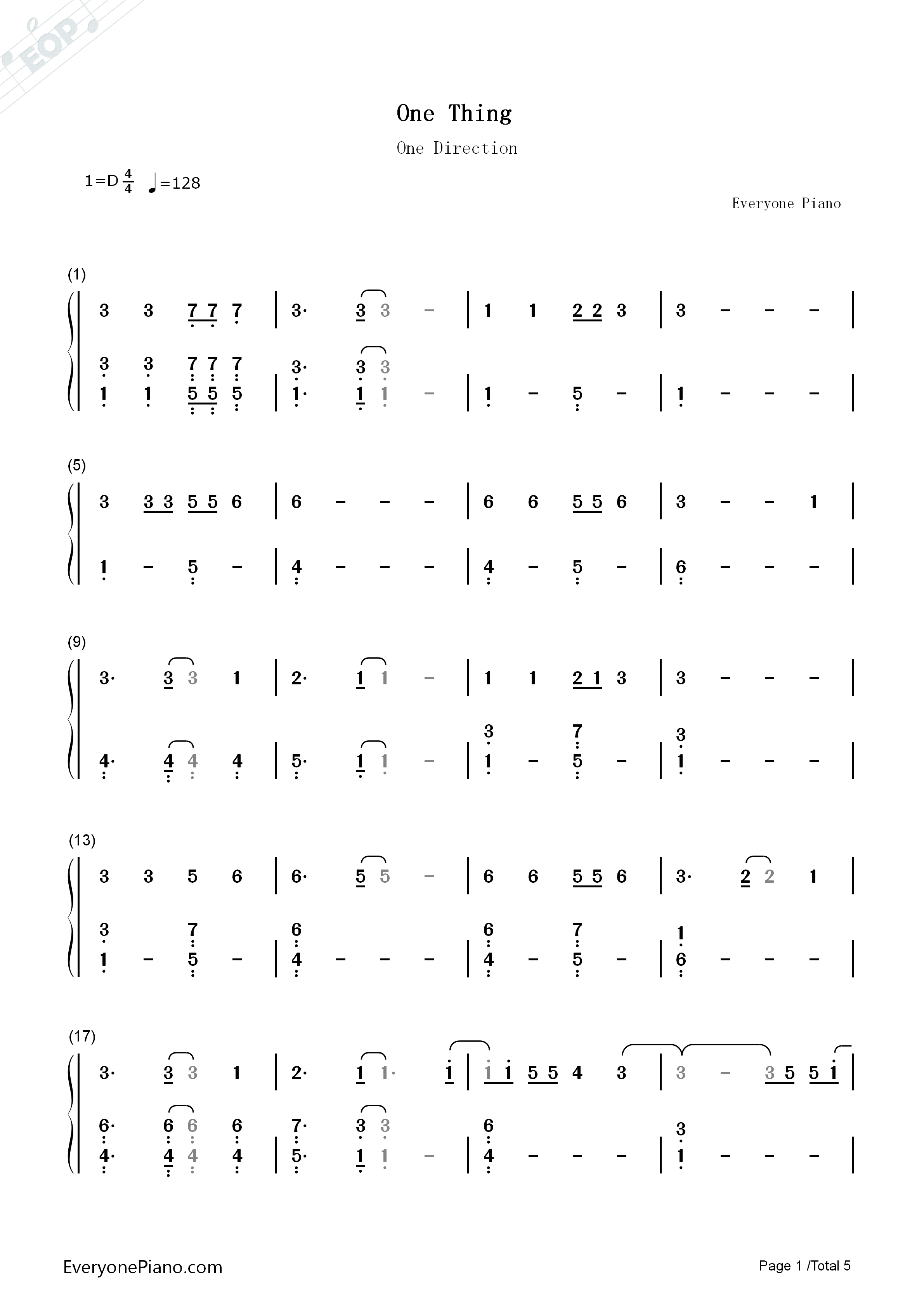 One Thing钢琴简谱-One Direction演唱1