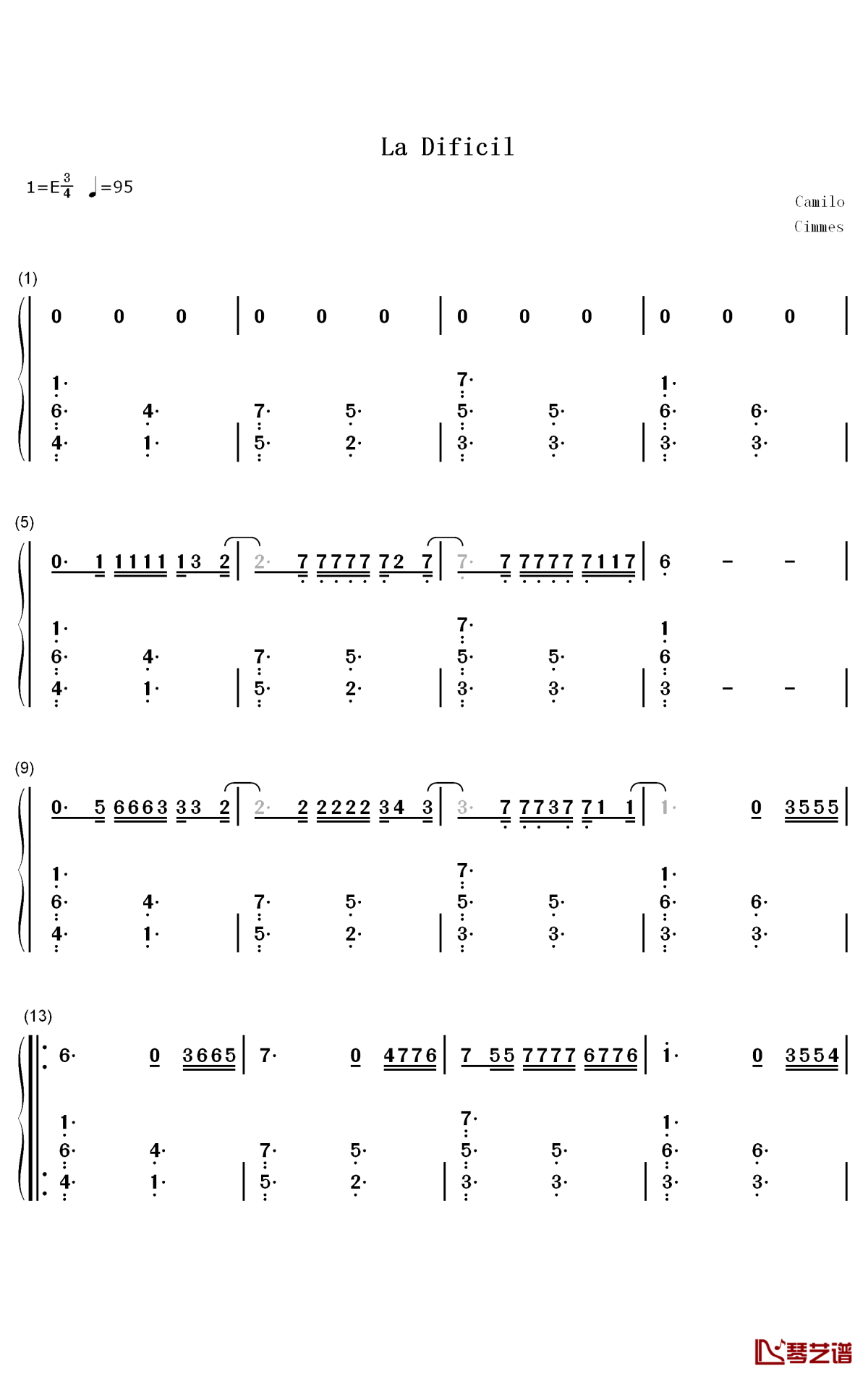 La Difícil简谱-Camilo歌曲-数字双手曲谱1