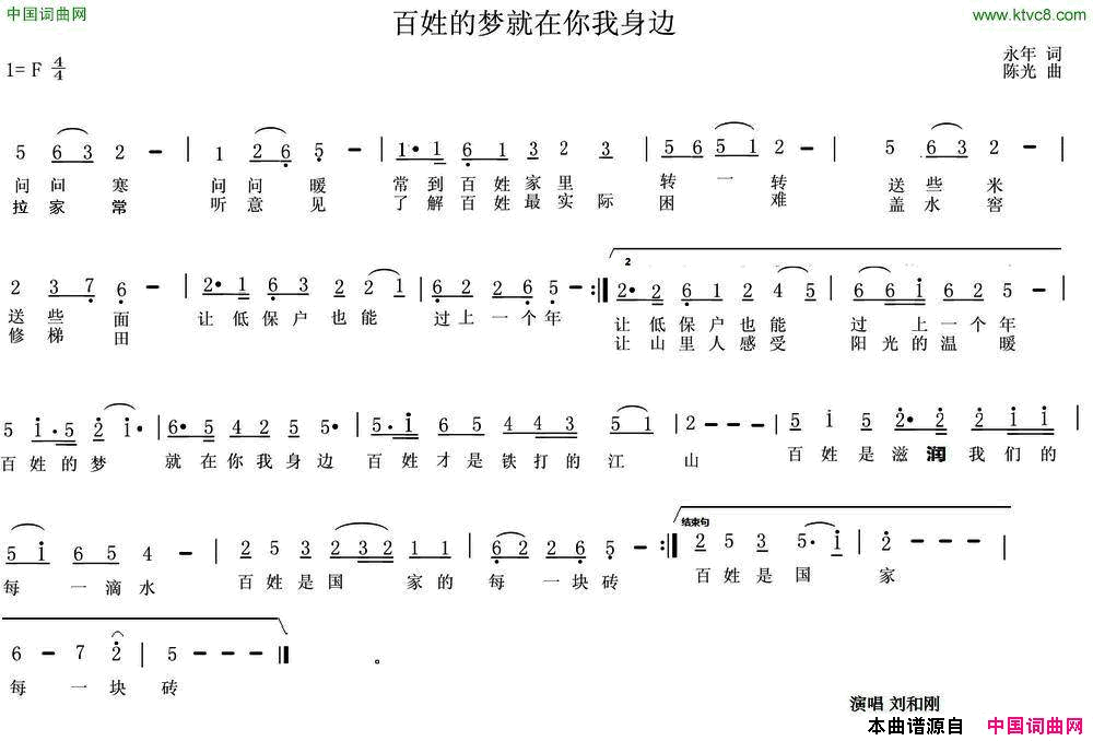 百姓的梦就在你我身边简谱-刘和刚演唱-永年/陈光词曲1